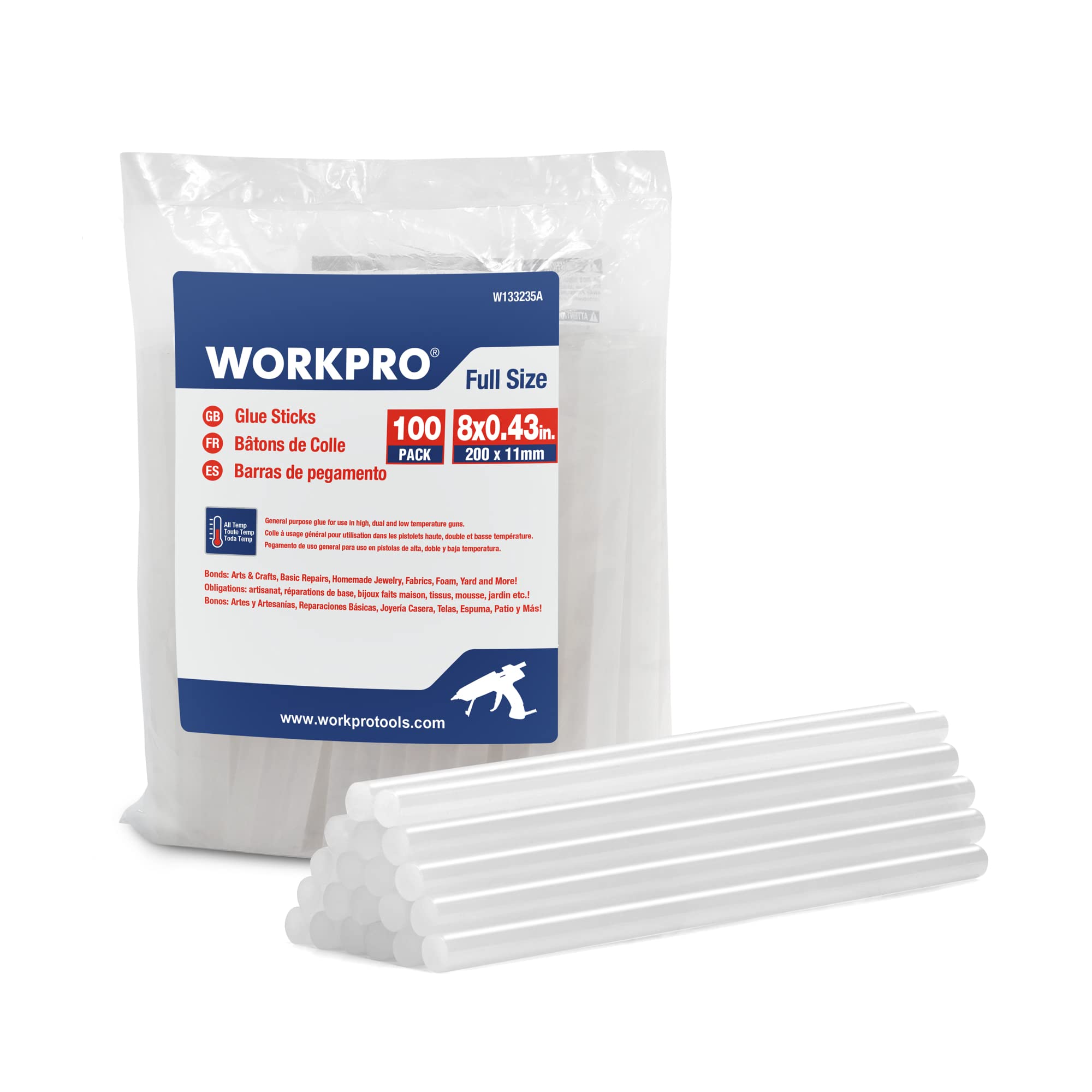 WORKPRO 100 Hot Glue Sticks | 200 x 11mm Transparent DIY Craft Sticks