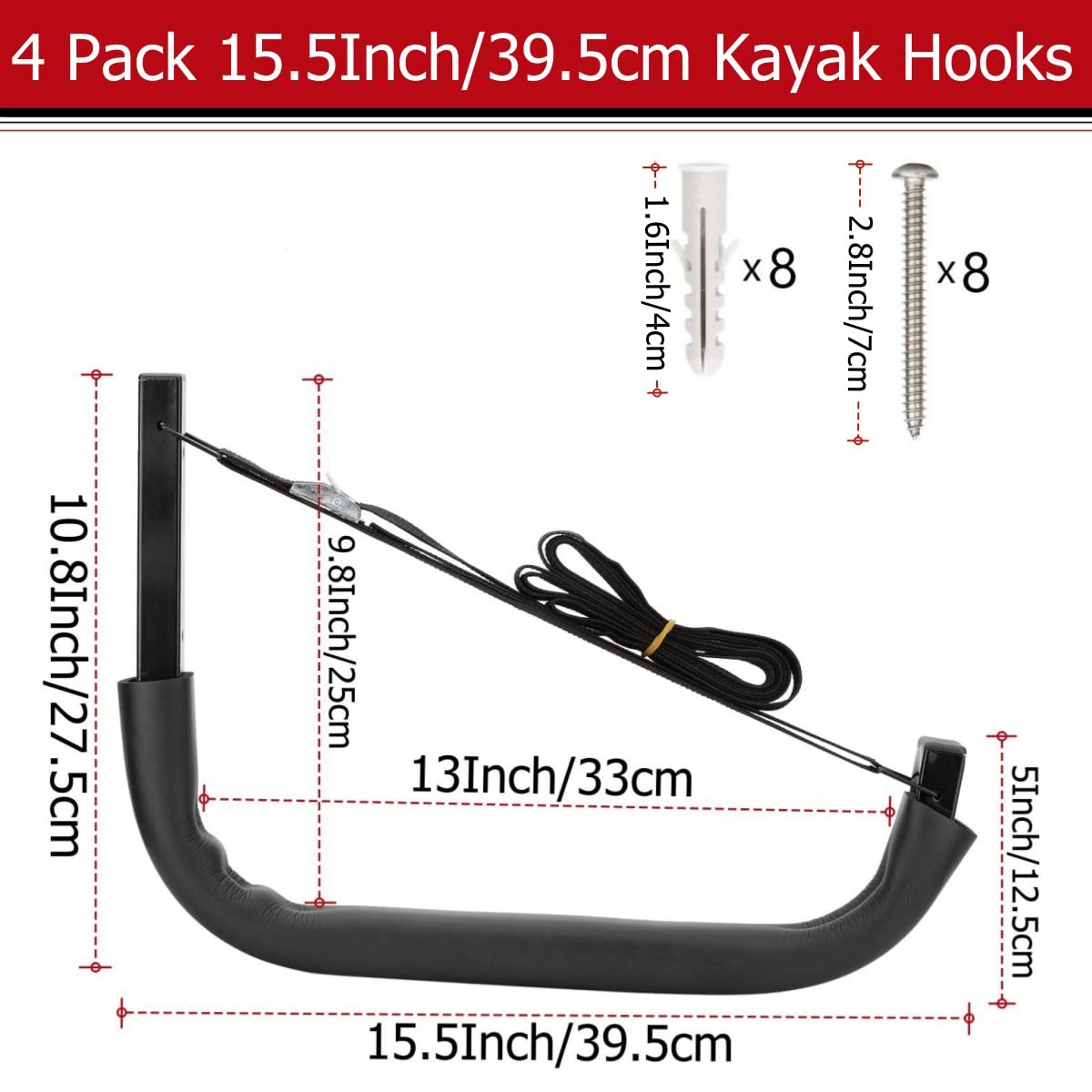 Heavdace Kayak Storage Rack | Heavy Duty Wall Mount Garage Hooks | 4 Pack