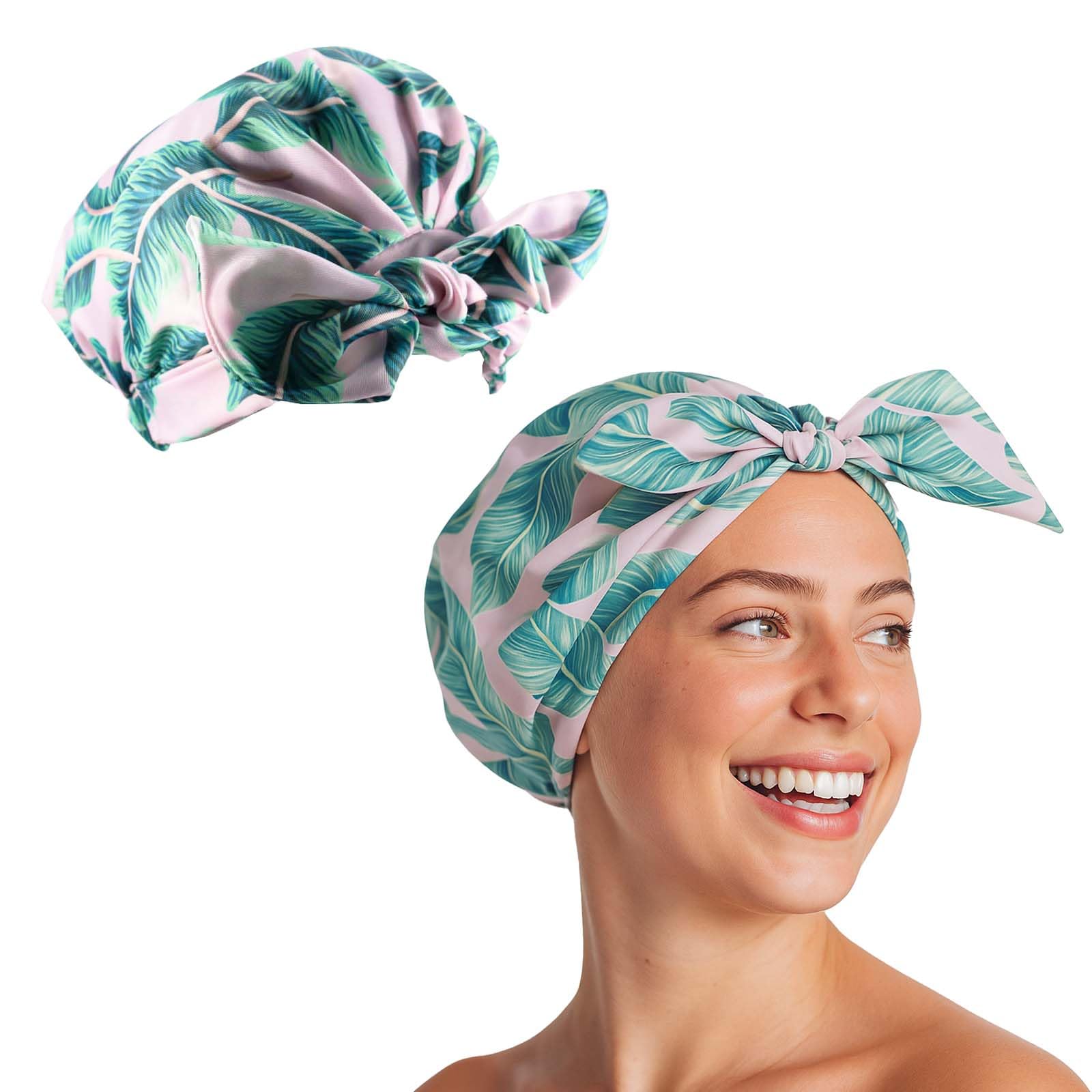 Flomiara Waterproof Reusable Shower Cap – Pink Leaf Design for Long Hair