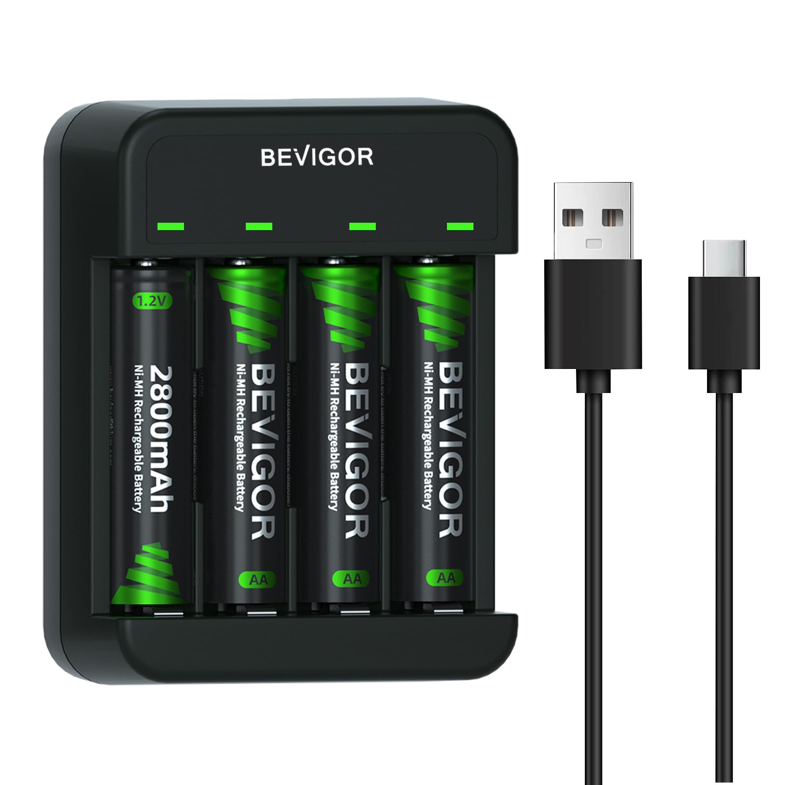 BEVIGOR AA Rechargeable Batteries (4-Pack) with 4-Bay USB-C Smart Charger