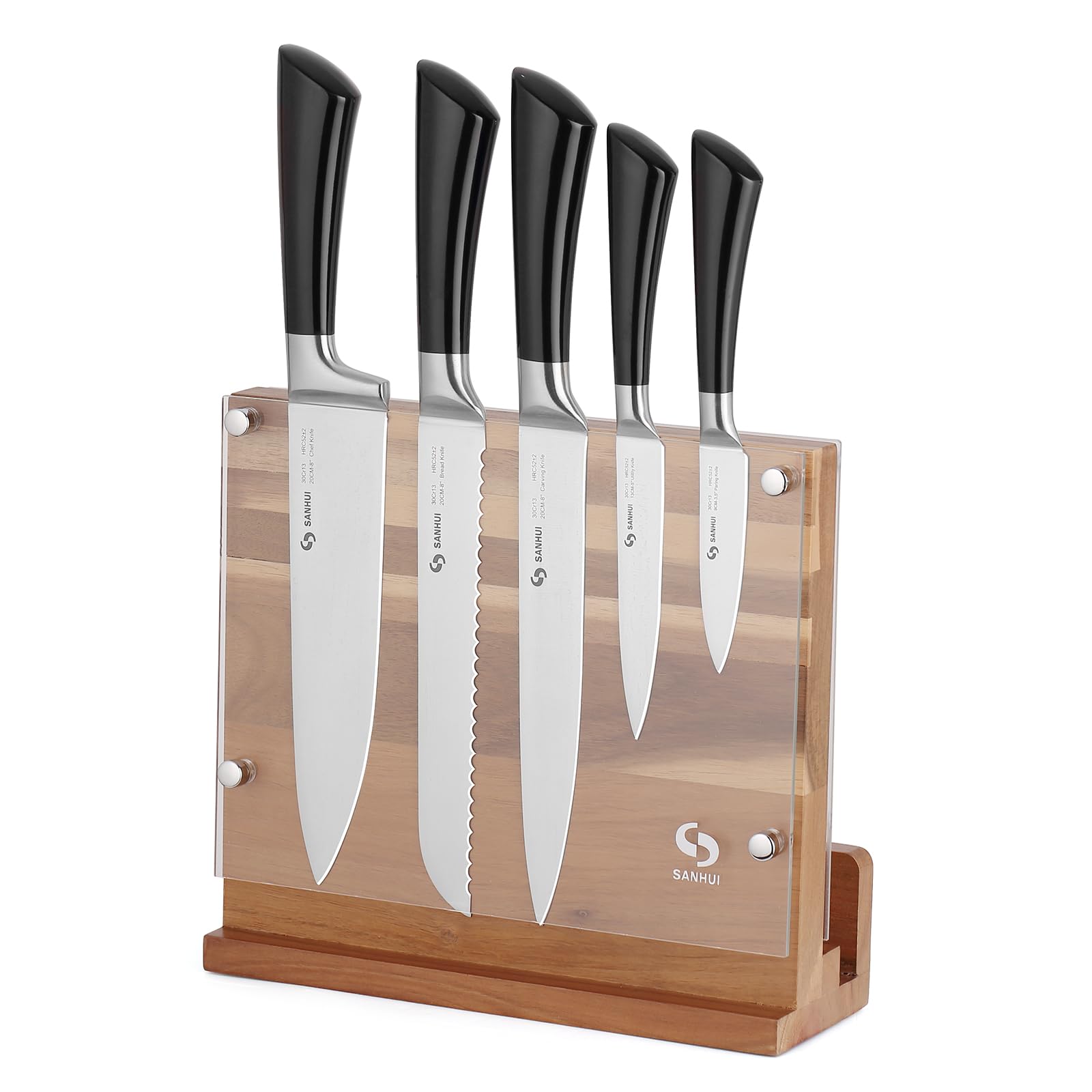 SANHUI 6-Piece Kitchen Knife Set | Stainless Steel & Acacia Magnetic Block