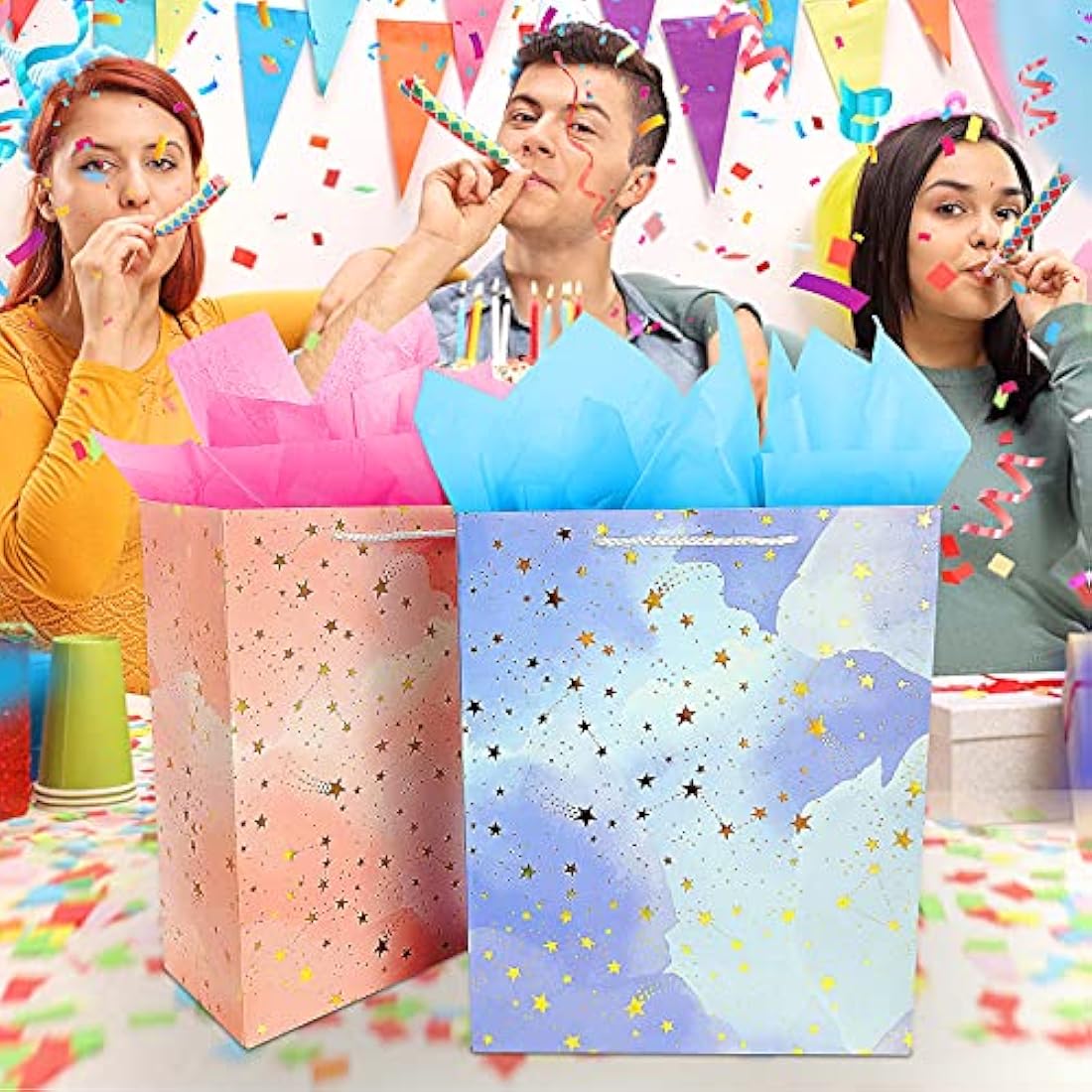 Large Gift Bags with Tissue Paper – 2 Pack Pink & Blue Set