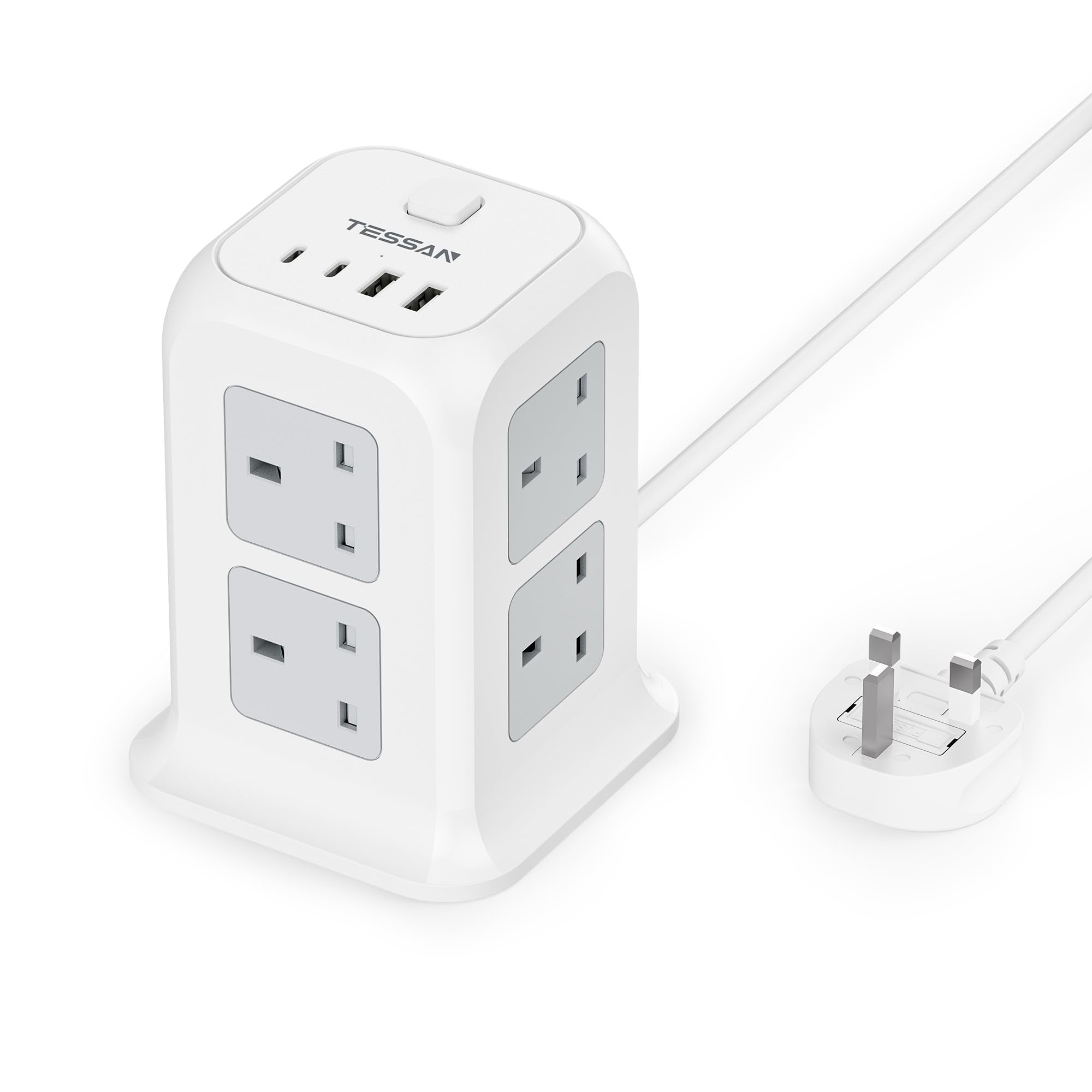 TESSAN Tower Extension Lead | 8 Way Multi Plug Socket with 4 USB Ports