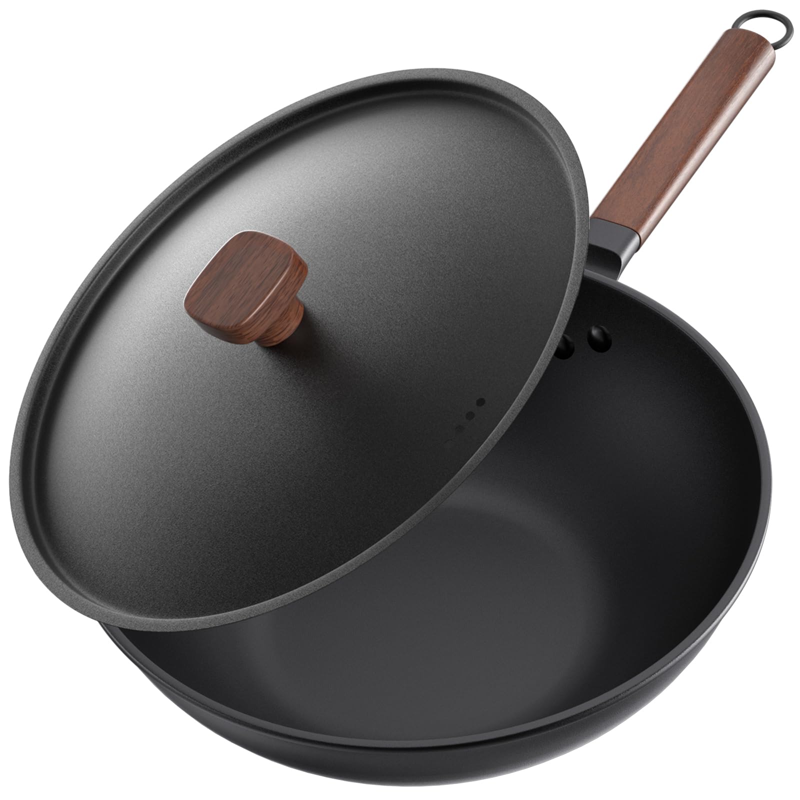 Jobin 33cm Pre-Seasoned Carbon Steel Wok with Lid | Non-Stick Frying Pan