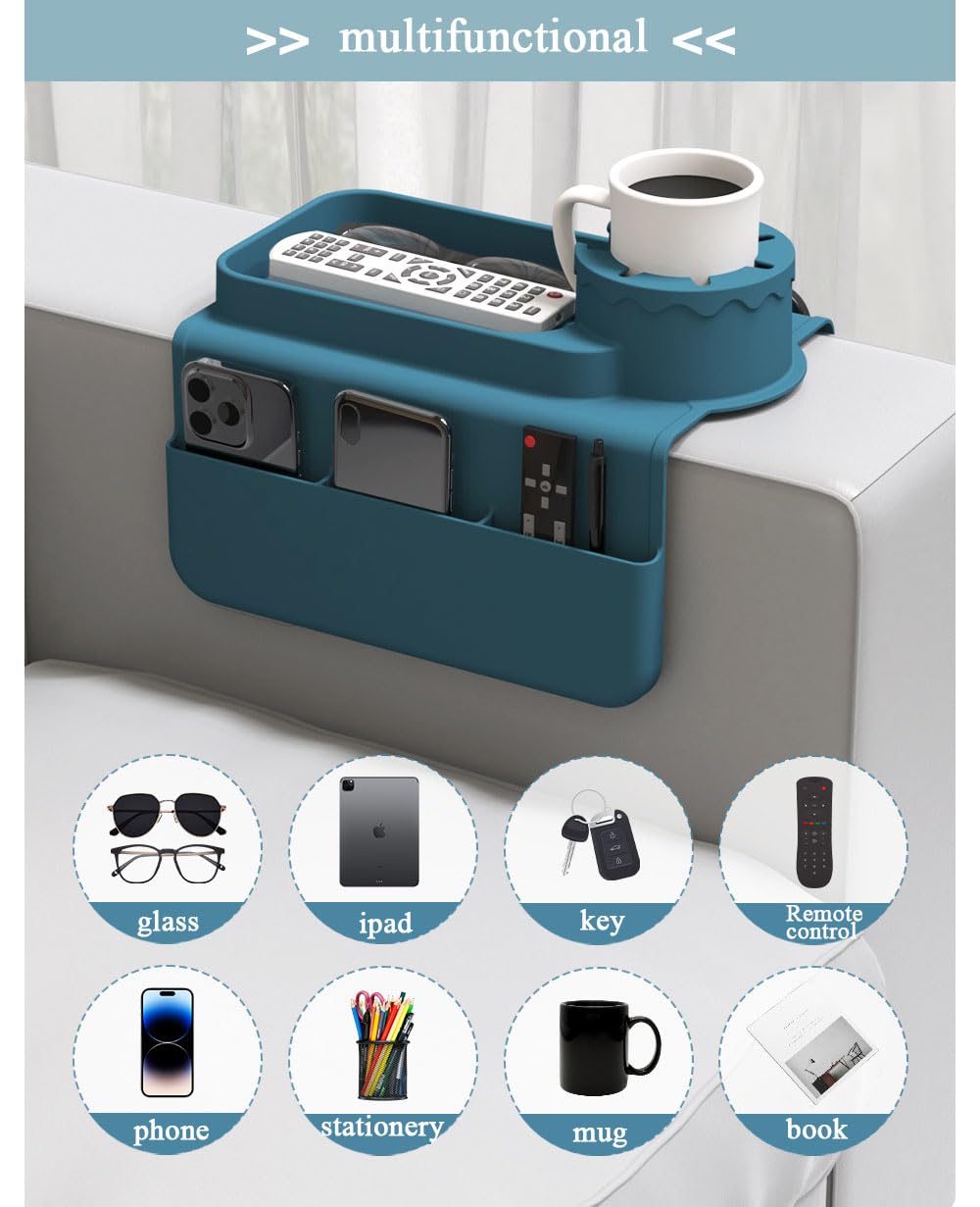 Hosoncovy Silicone Sofa Couch Cup Holder Tray Drink Holder with Side Pockets for Sofa Arm Couch Caddy Anti-Spill for Chair Recliner,Armrest Remote - image 3