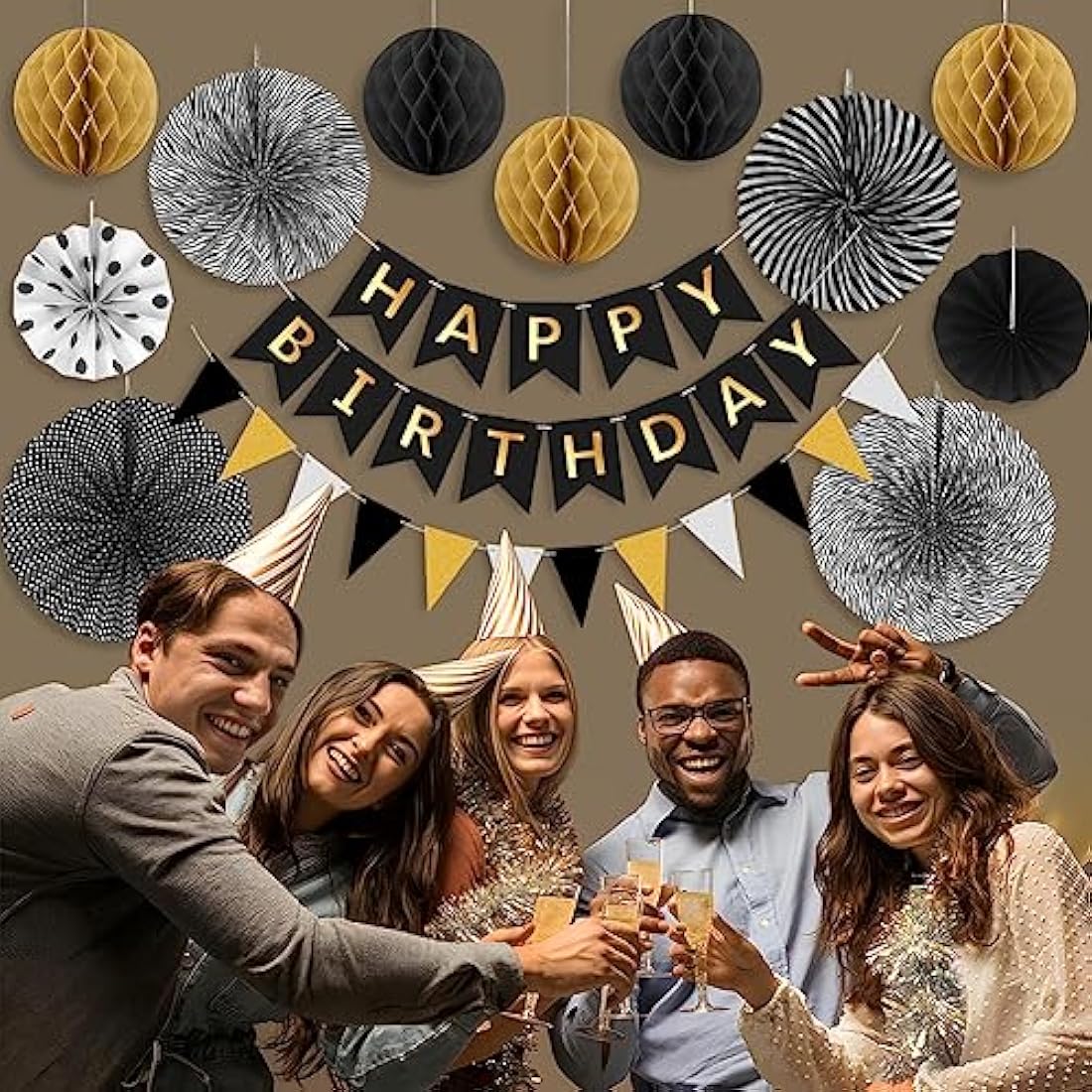 Wonsta Black and Gold Birthday Decorations - Reusable Party Kit