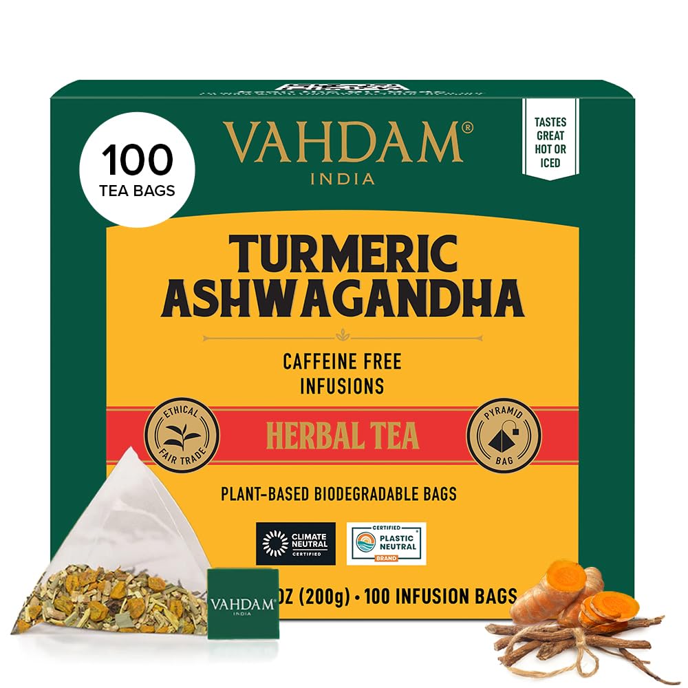 VAHDAM Turmeric Ashwagandha Herbal Tea Bags - Caffeine Free (100 Count)