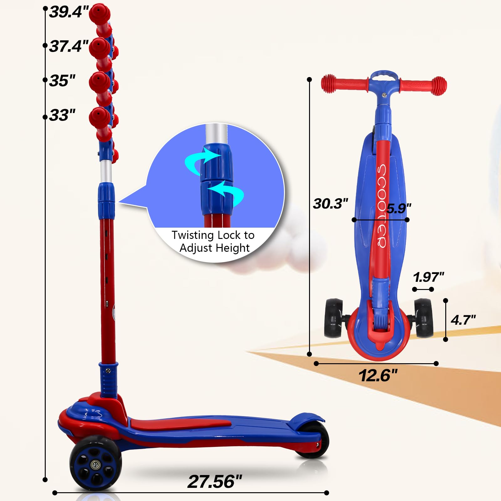 3-Wheel Kids Scooter - Foldable LED Wheels for Ages 5-18