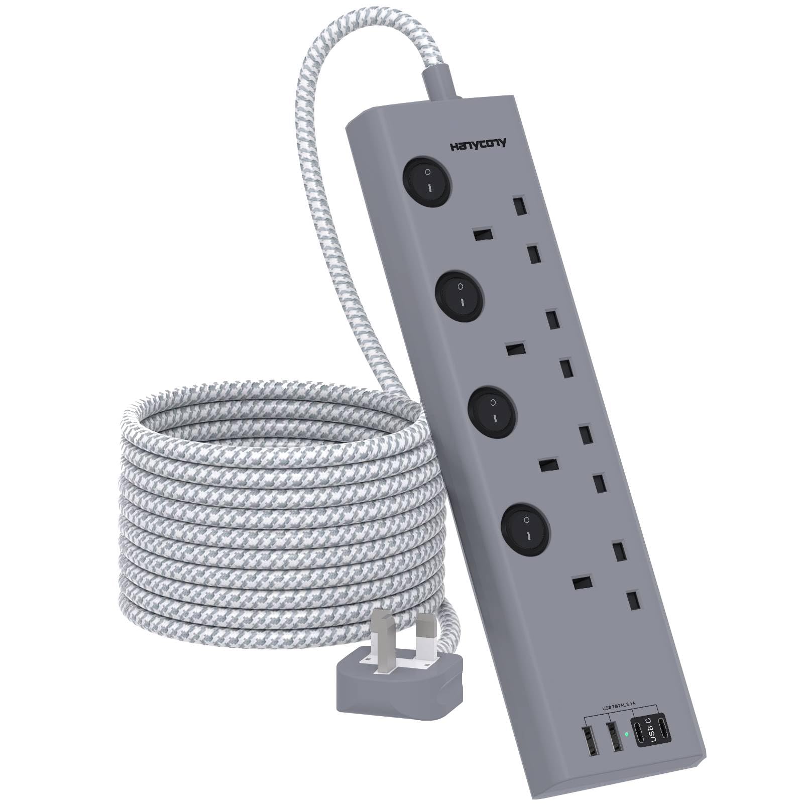 HANYCONY 4 Way Extension Lead – 4 USB Ports, 3M Wall Mount Power Strip