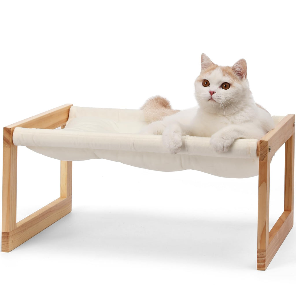 FUKUMARU Elevated Wooden Cat Hammock | Plush Velvet Indoor Pet Bed