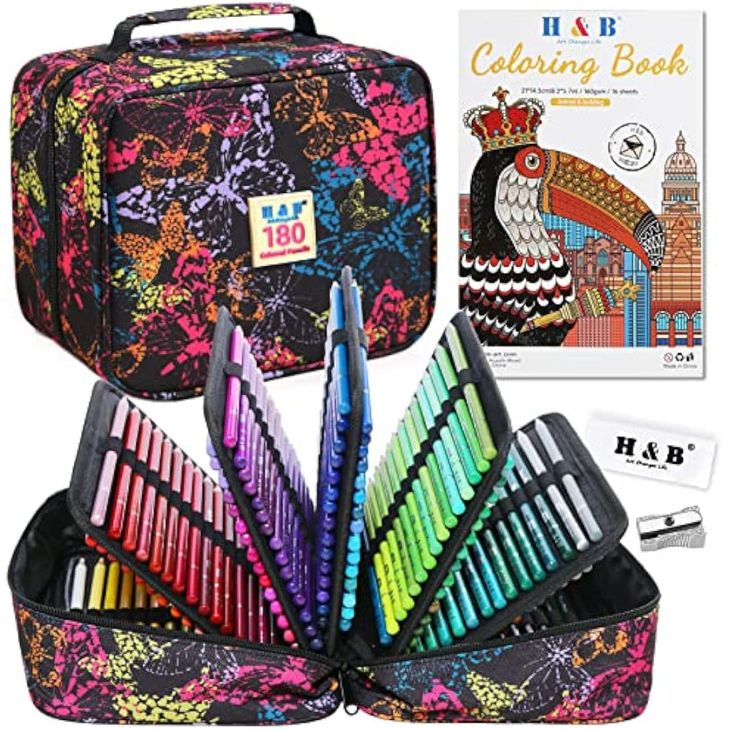 H & B 180 Oil Based Coloured Pencils Set with Colouring Book for Artists