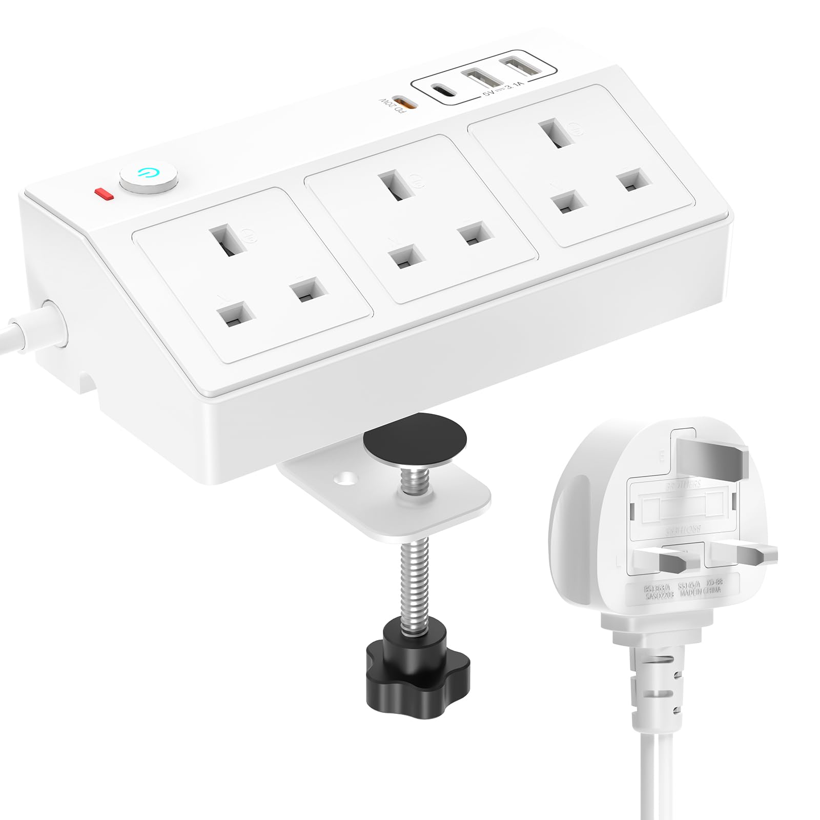 HAFINO Desk Power Strip – 20W Fast Charging Station with Clamp, 2M