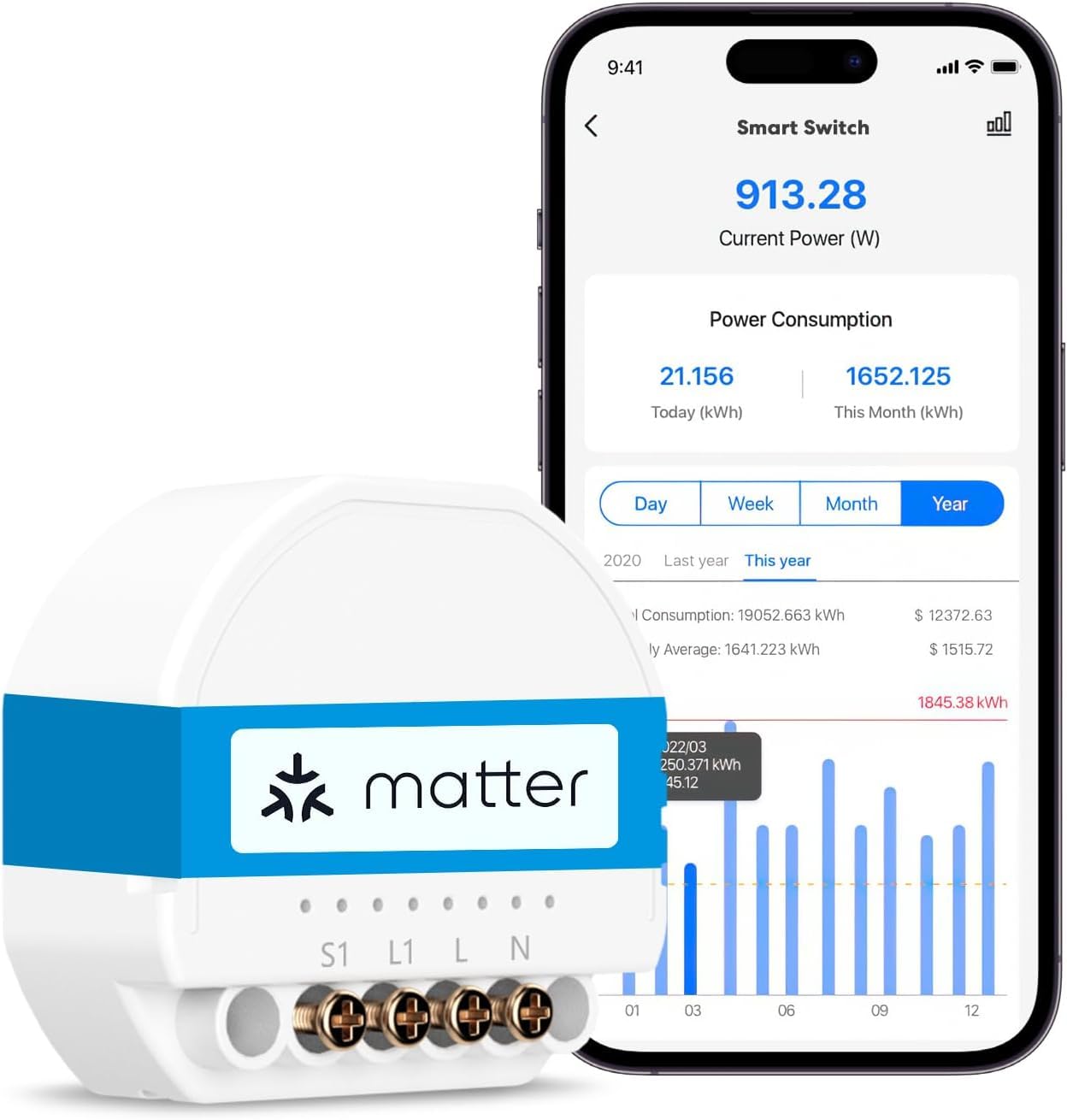 Meross Matter Smart Light Switch with Energy Monitor & WiFi Relay