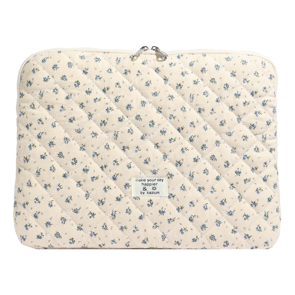 CHAMAIR Puffy Laptop Sleeve – 13 Inch Floral Quilted Macbook Case (Blue)