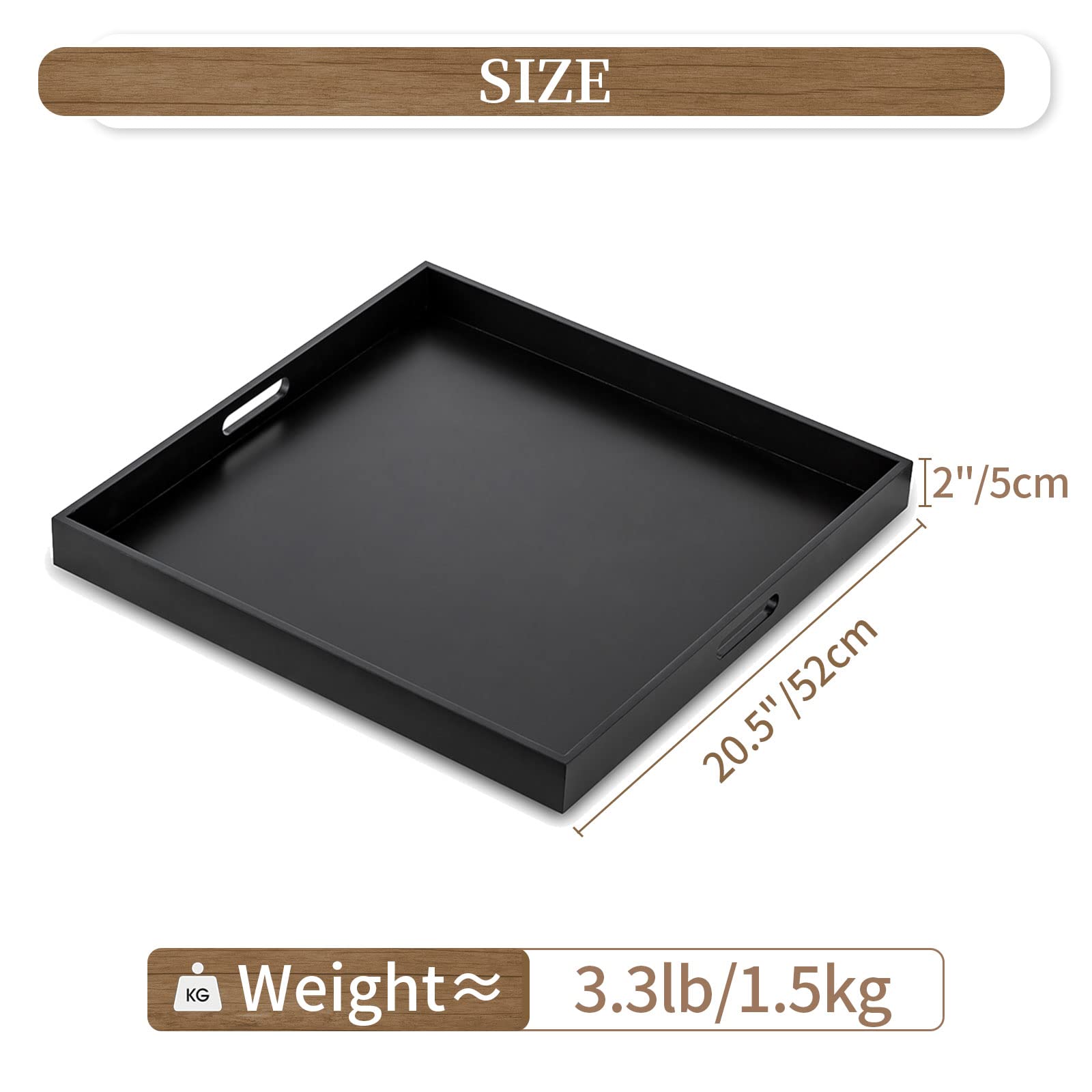 Hanobe 20" Square Ottoman Tray – Large Black Wood Decorative Serving Tray