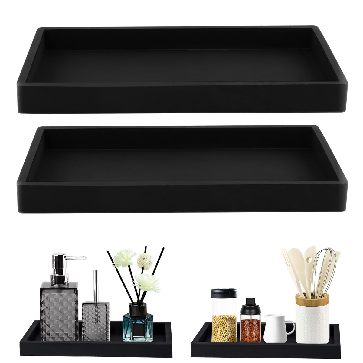 XIATIAN Bathroom Tray, 2 Pcs Bathroom Vanity Tray Black, 20x10x2 cm