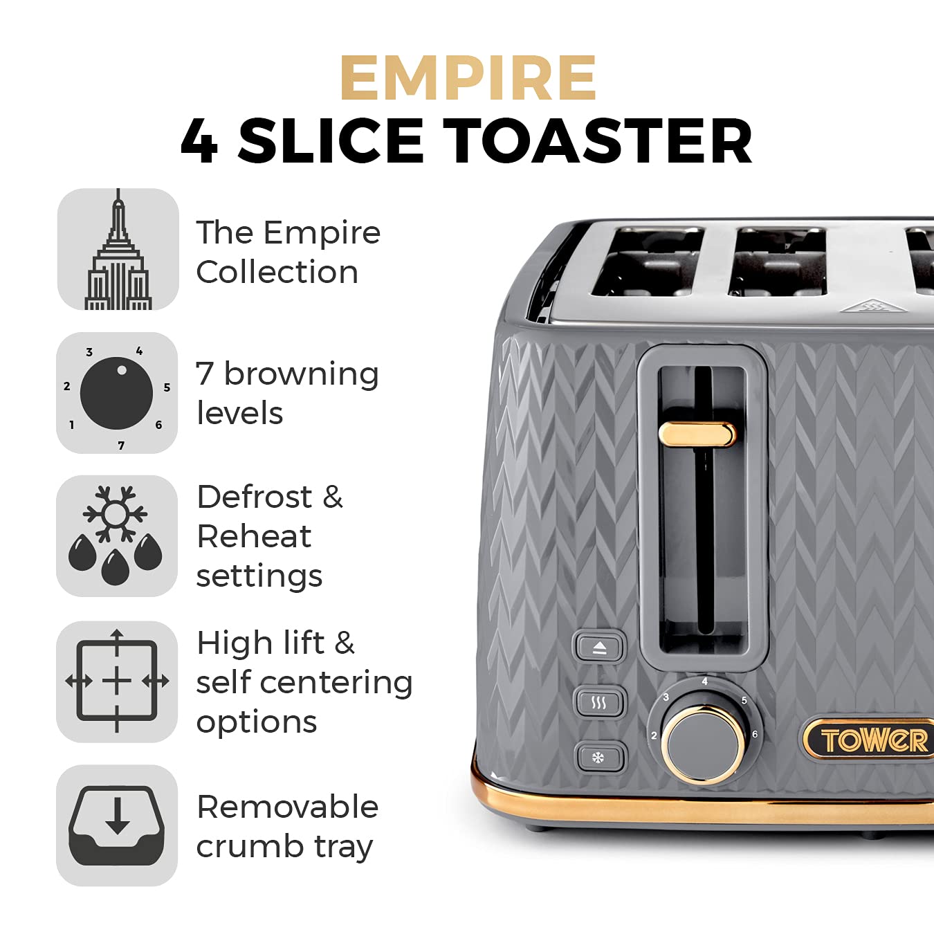 Tower Empire 4-Slice Toaster | 1600W with Defrost & Reheat - Grey/Brass
