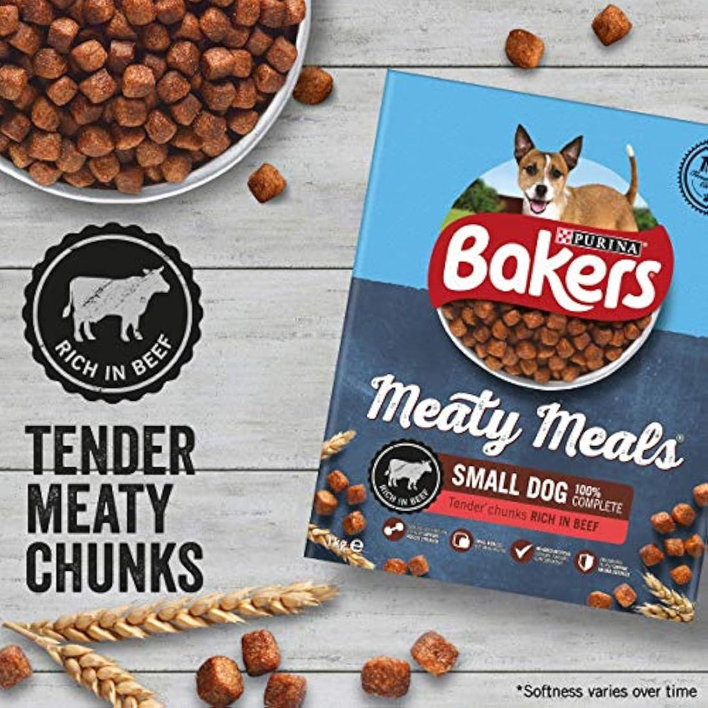 Bakers Meaty Meals Beef Dry Dog Food for Small Adults - 1kg (Pack of 4)