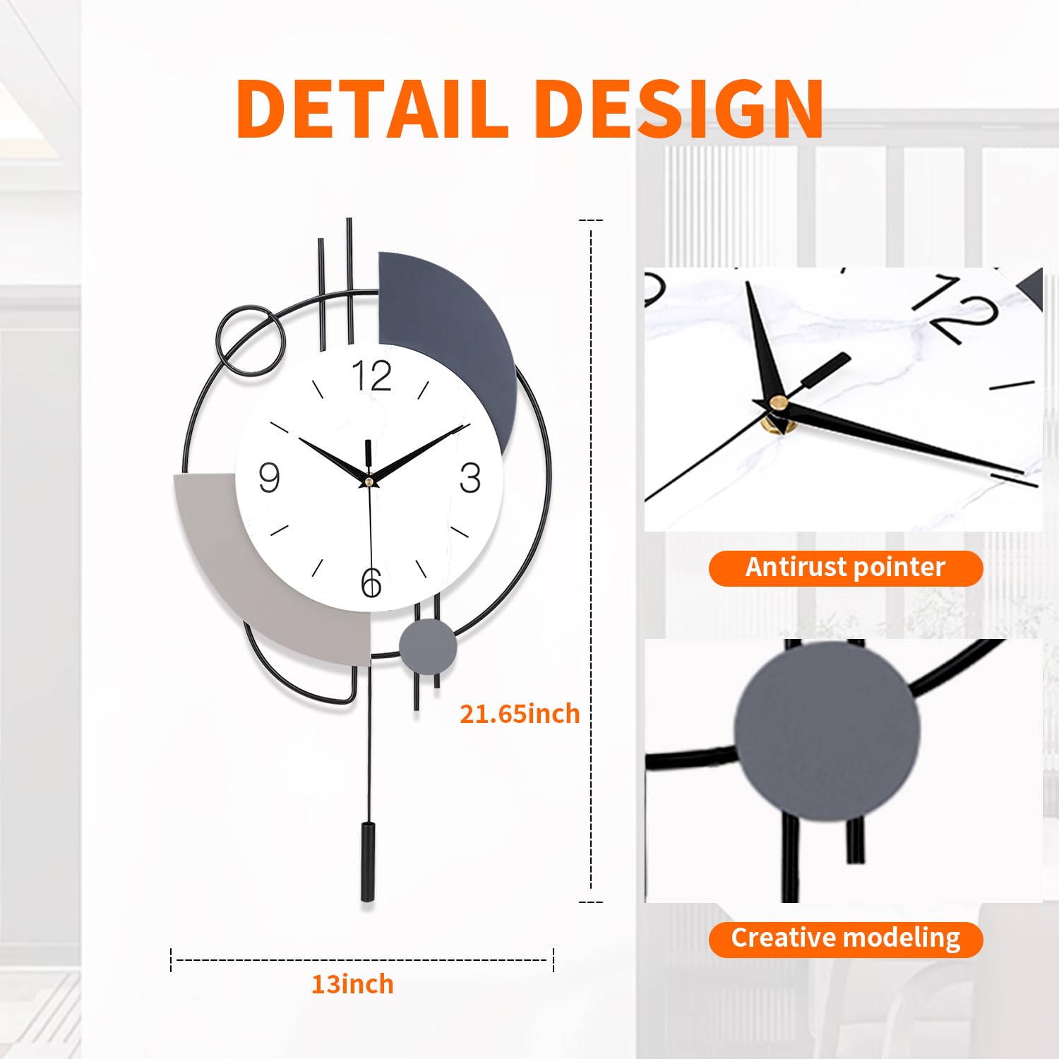 SIN&MI Modern Silent Wall Clock – Large Decorative Pendulum Clock, 16x26.5"