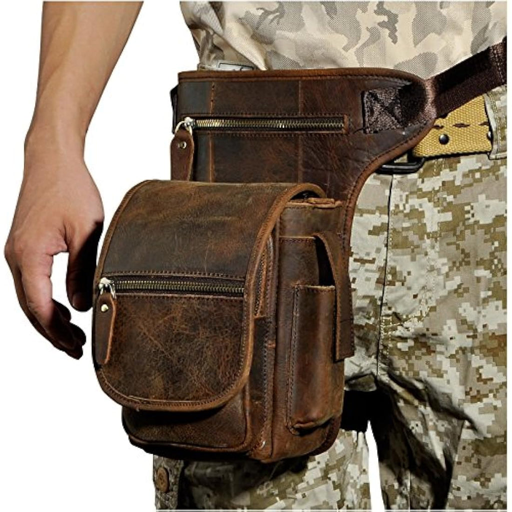 Mens Genuine Leather Drop Leg Bag | Motorcycle Waist Pack