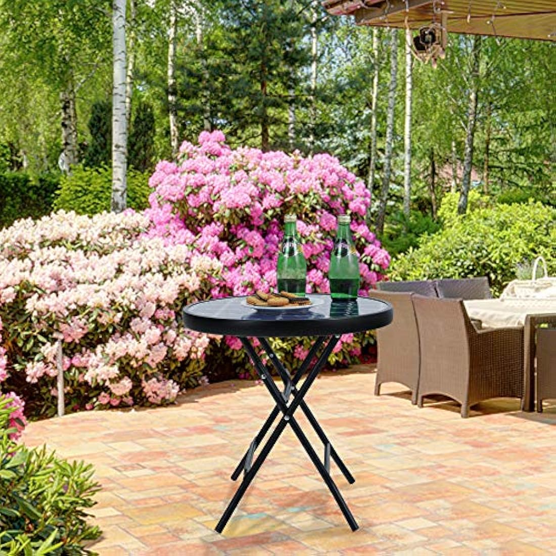 PHI VILLA Folding Side Table – Tempered Glass Round Patio Table, Blue