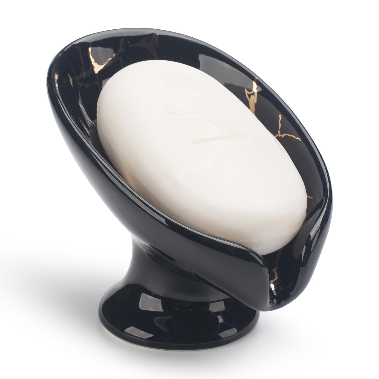 Ceramic Leaf Soap Dish | Self-Draining Marble Pattern - Black