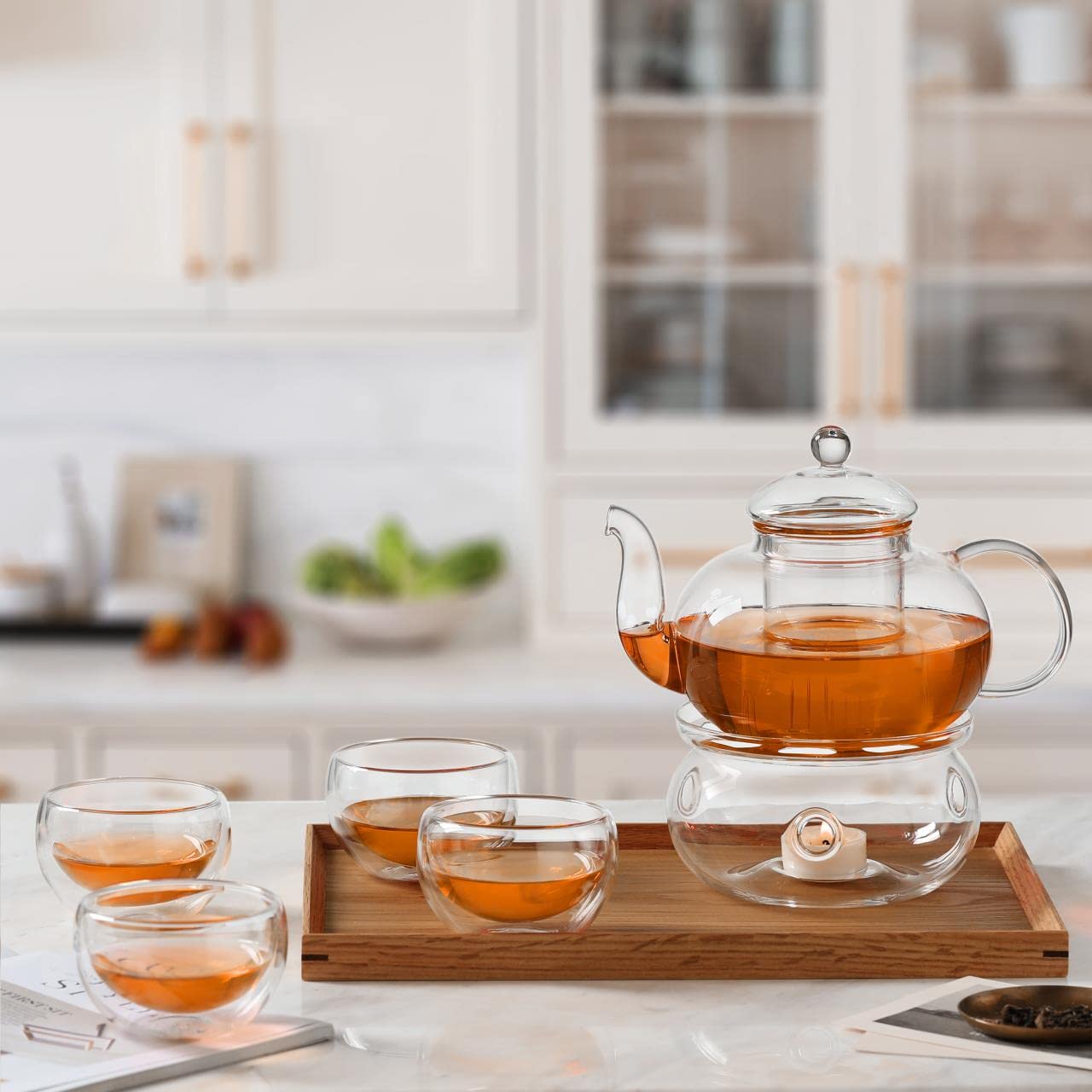 CnGlass 1000ml Glass Teapot with Infuser, 4 Teacups & Warmer Set