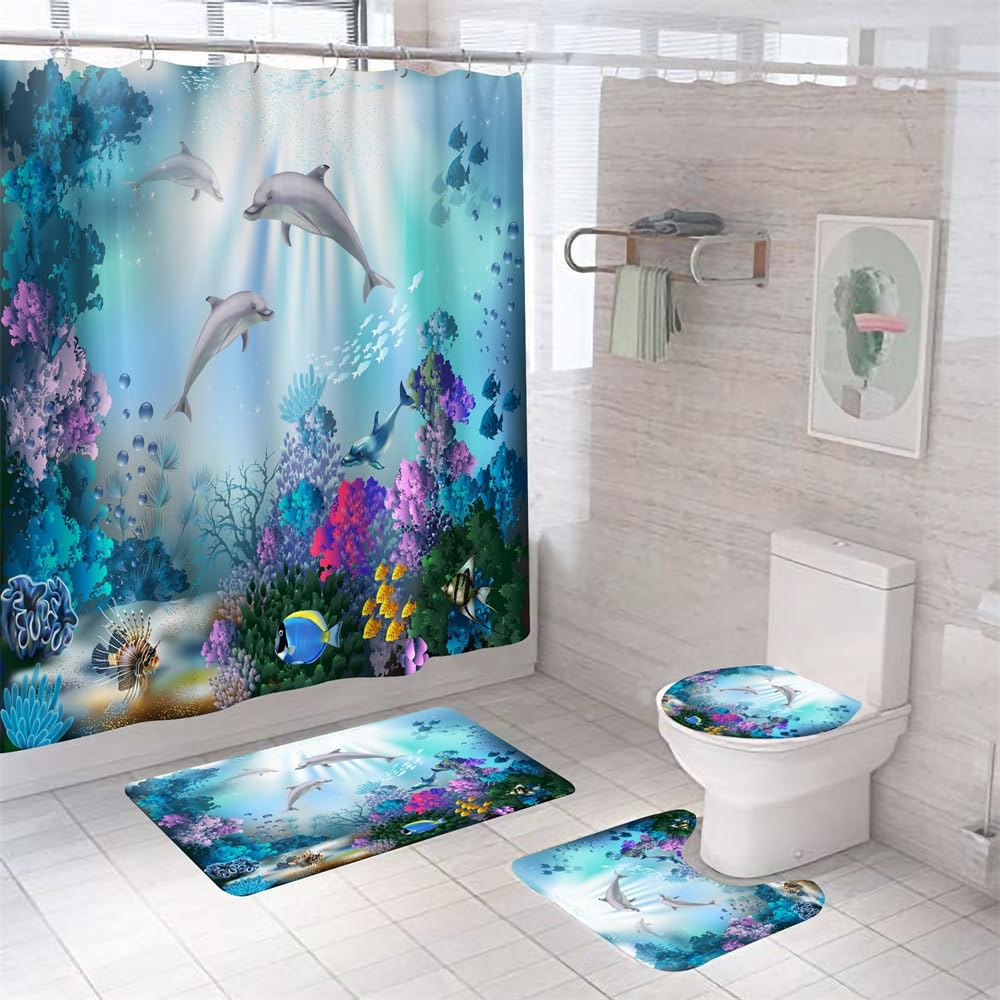 Dolphin Ocean 4-Piece Shower Curtain Set with Bath Mats