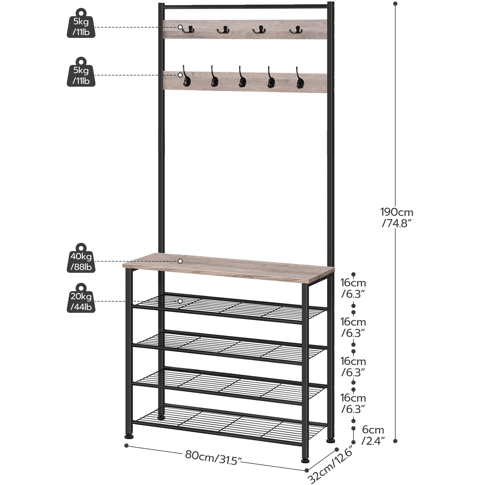 HOOBRO Hall Tree Coat Rack with Shoe Storage - Industrial Metal Frame