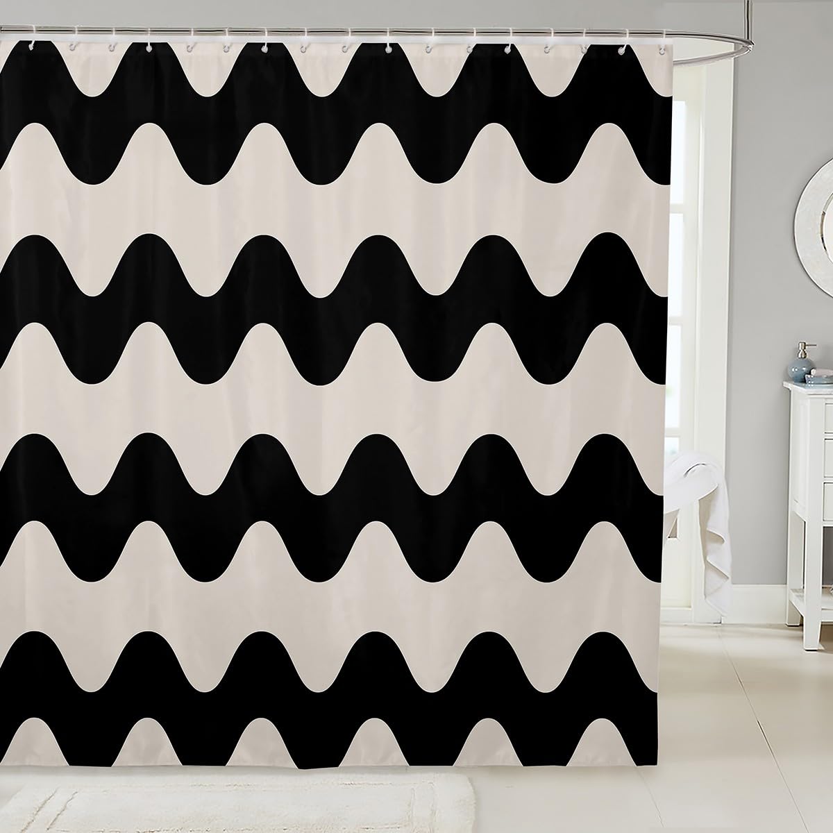 Wave Striped Shower Curtain | Cream White Geometric Fabric
