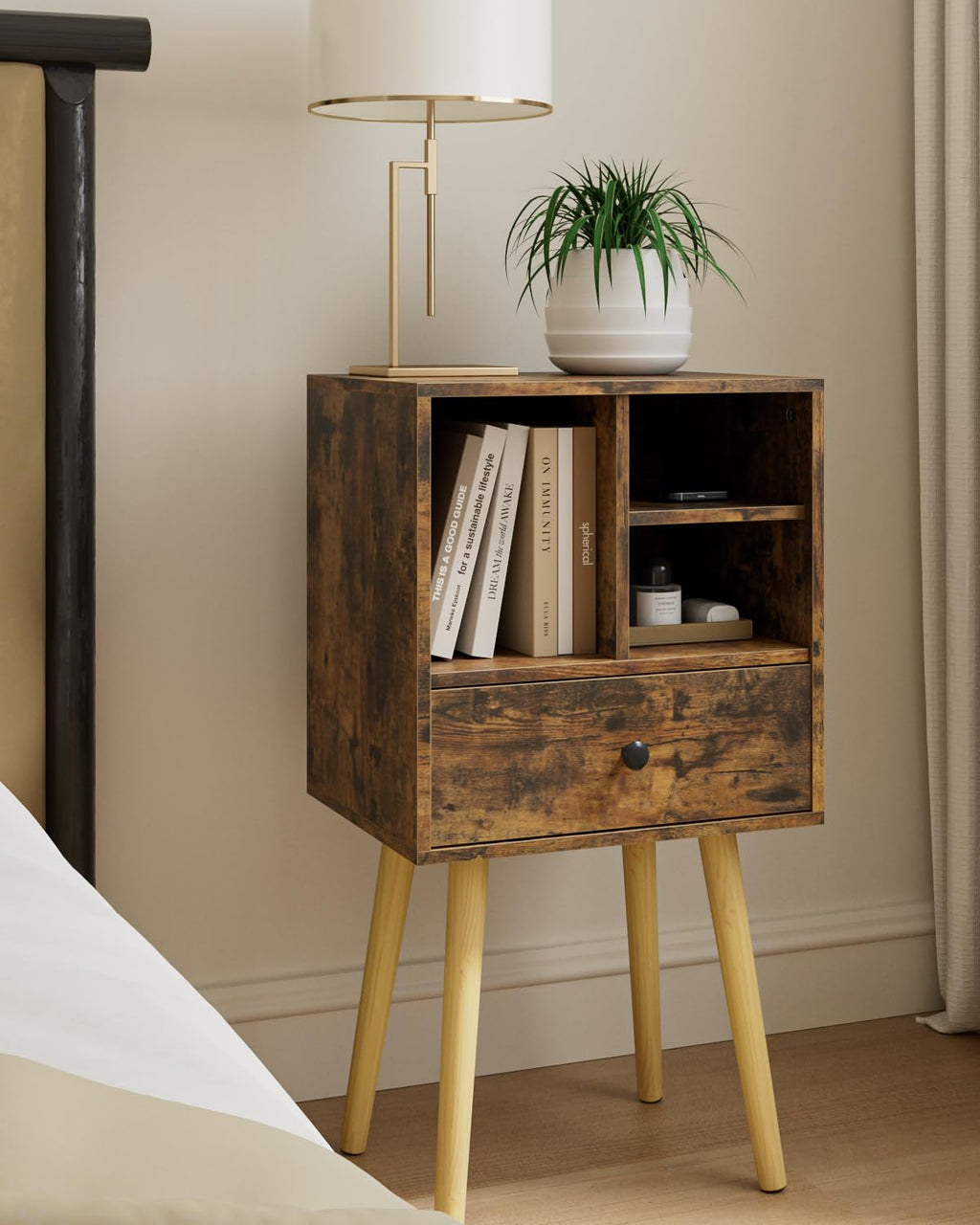 HEYZOEY Wooden Nightstand Mid-Century Modern Bedside Table, Rustic Brown - image 3