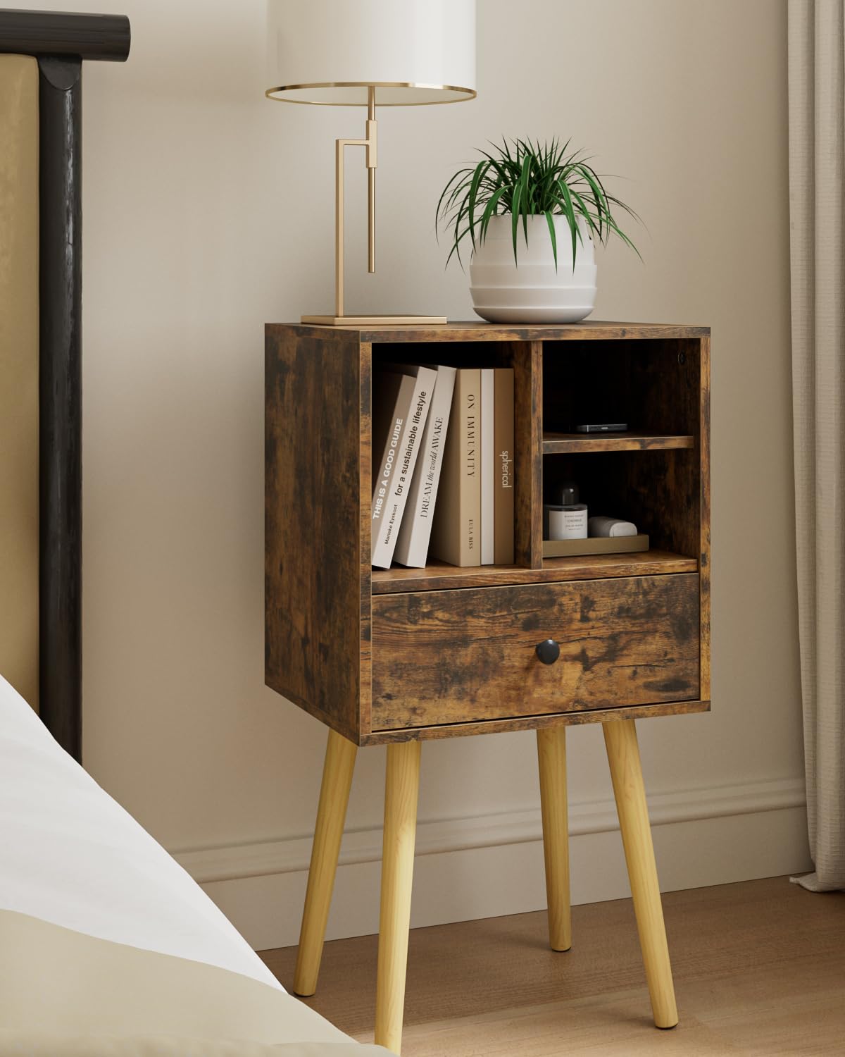 HEYZOEY Wooden Nightstand Mid-Century Modern Bedside Table, Rustic Brown - image 3
