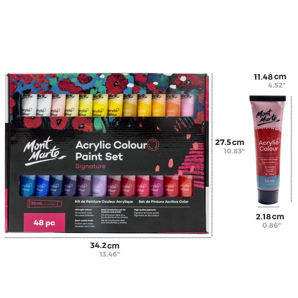 Mont Marte Acrylic Paint Set – 48 Colors, 36ml – Semi-Matte Finish
