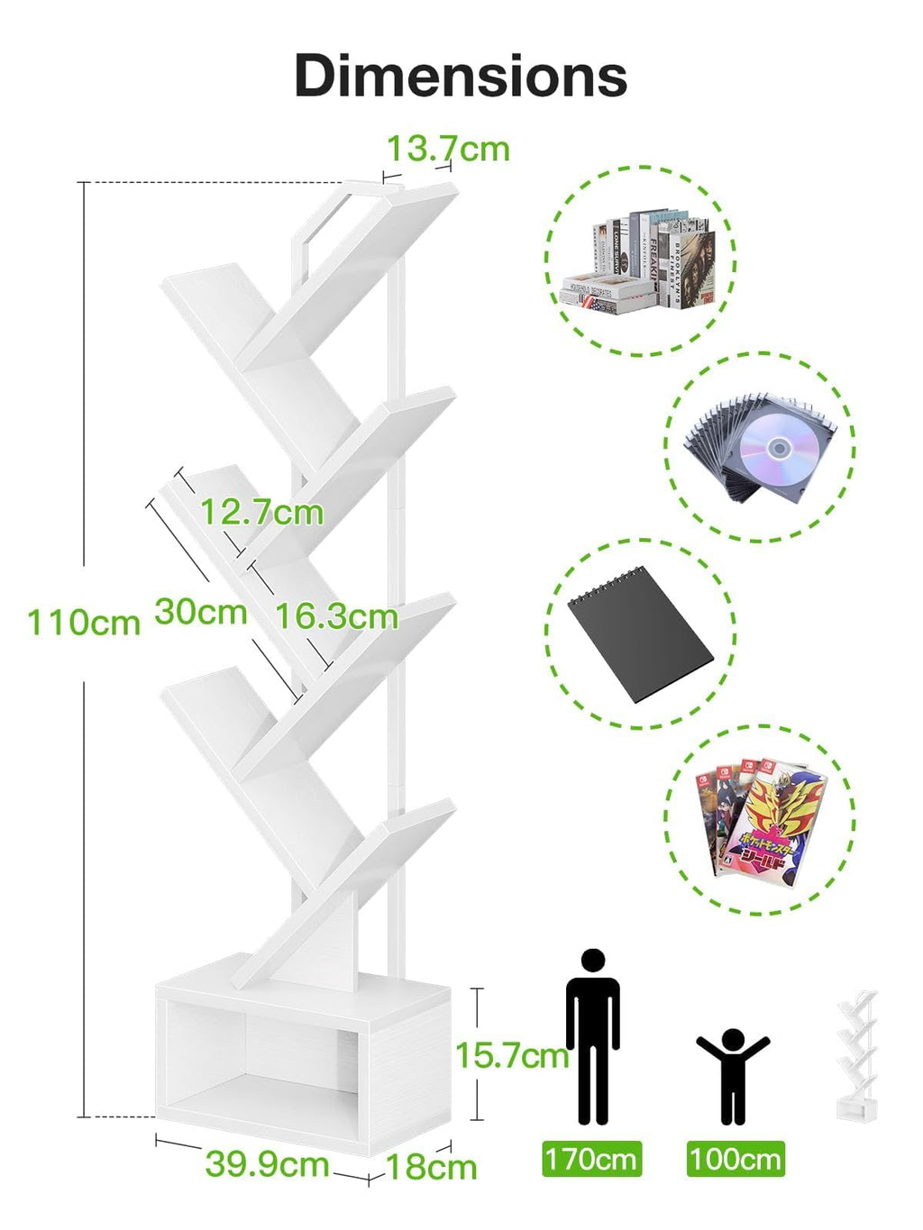 Coleshome 6-Tier Tree Bookcase, Wooden Bookshelf, 110.5cm, White