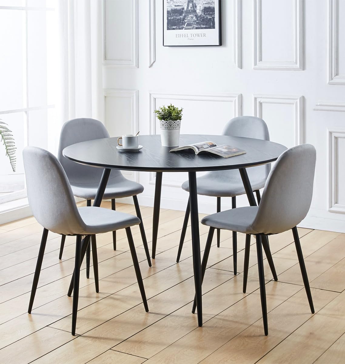 Hallowood Cullompton Round Dining Table and 4 Grey Fabric Chairs