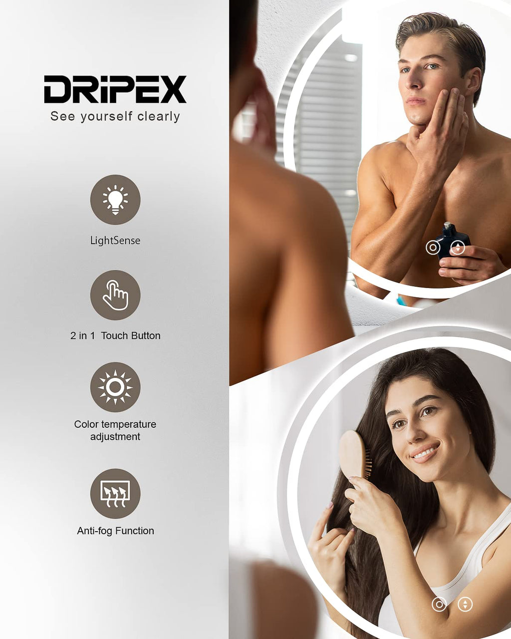 Dripex 500mm Round LED Bathroom Mirror | Anti-Fog Dimmable Vanity Light