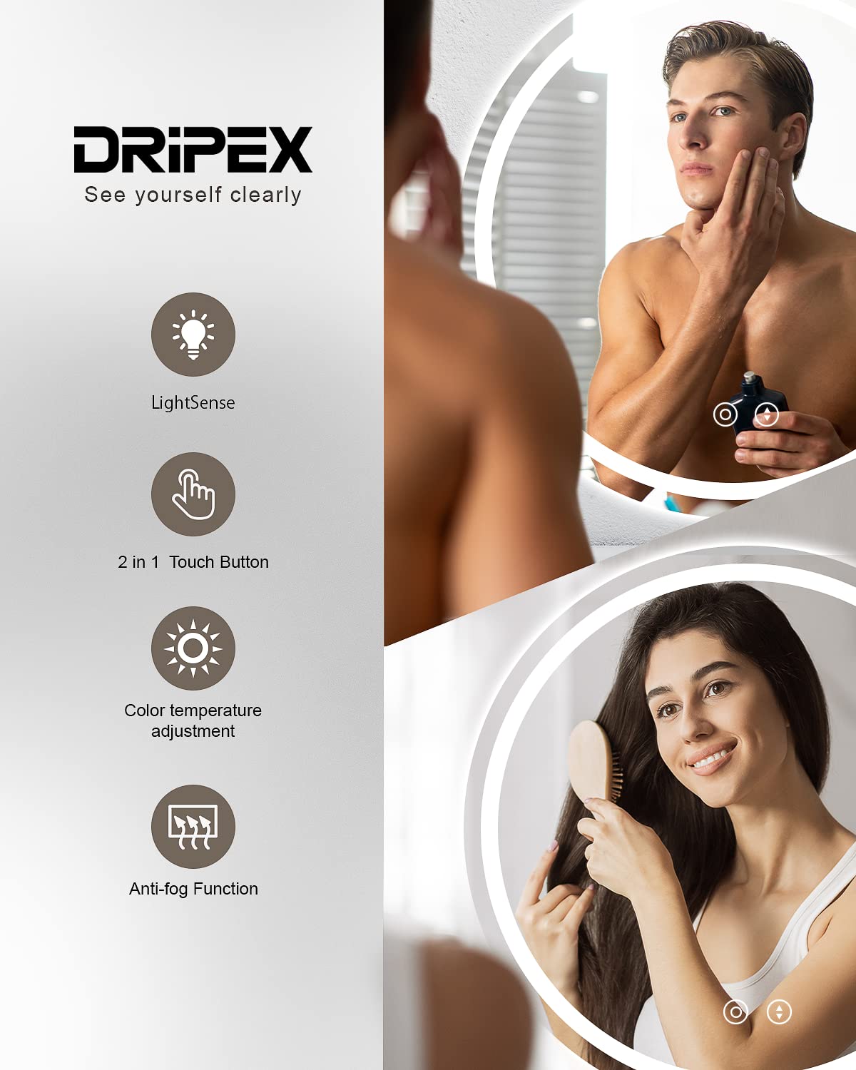 Dripex 500mm Round LED Bathroom Mirror | Anti-Fog Dimmable Vanity Light