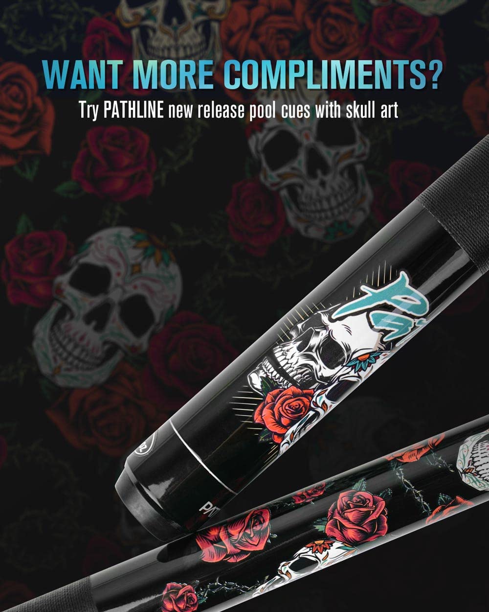 Pathline PL518 Pool Cue Stick | 58" Canadian Maple Skull Design - 21oz