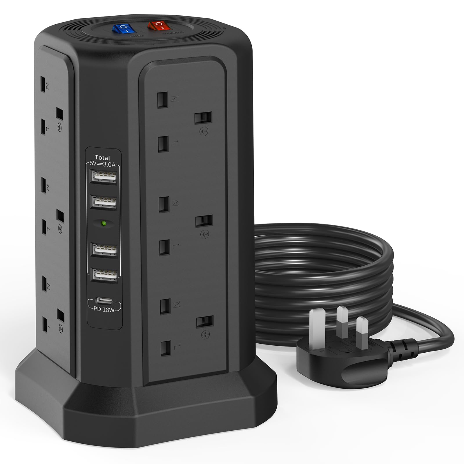 Jolof Store 12-Way Tower Extension Lead | 18W USB-C Fast Charger & Surge Protection