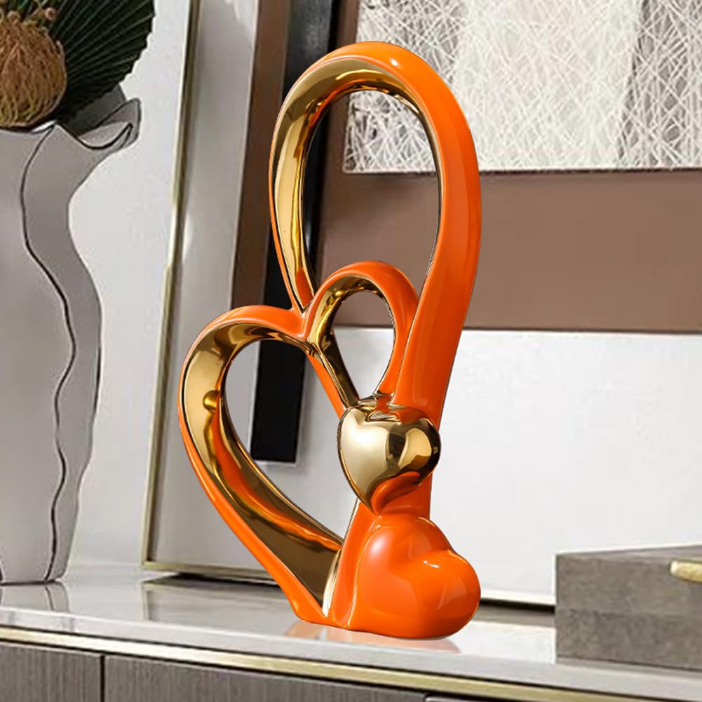 Double Heart Ceramic Sculpture – Modern Gold & Orange Ornament
