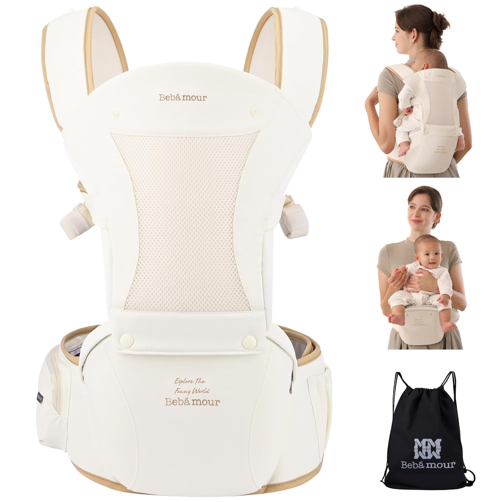 Bebamour Baby Carrier with Hipseat and Head Hood, 0-36 Months - Beige