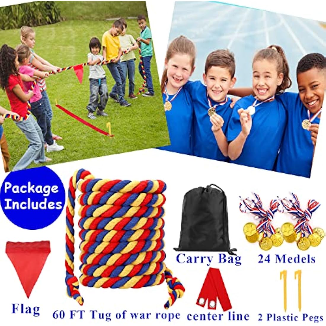 WYRJXYB 60ft Tug of War Rope Set – Cotton Outdoor Field Day Games for Kids