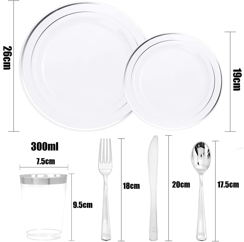LATERN 150-Piece Silver Rim Plastic Dinnerware Set – Reusable Party Supplies
