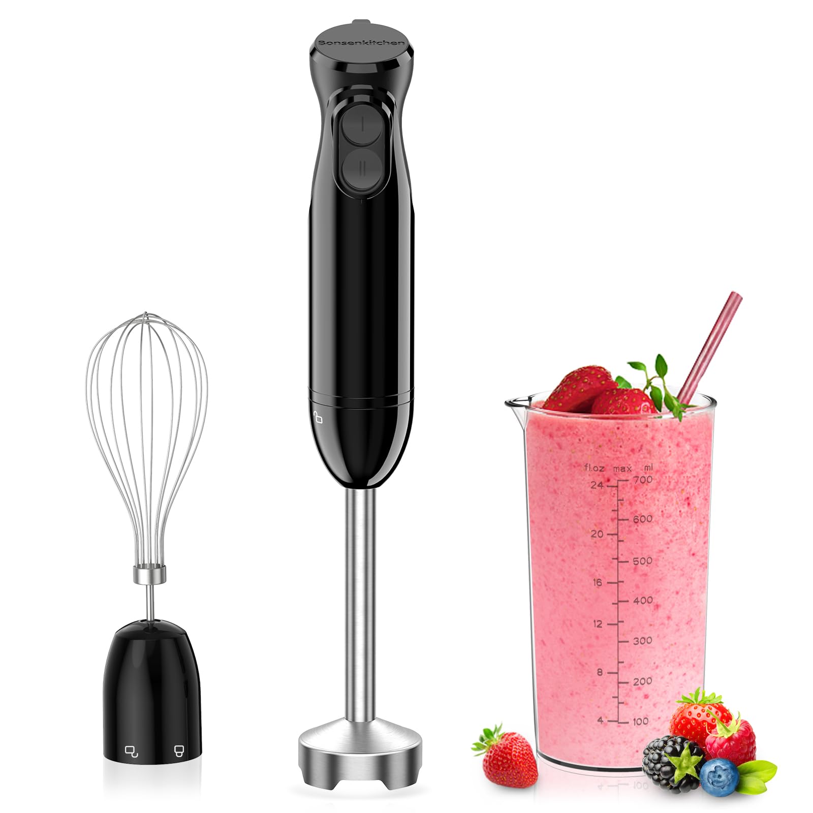 Bonsenkitchen 3-in-1 Immersion Hand Blender with Whisk & Beaker