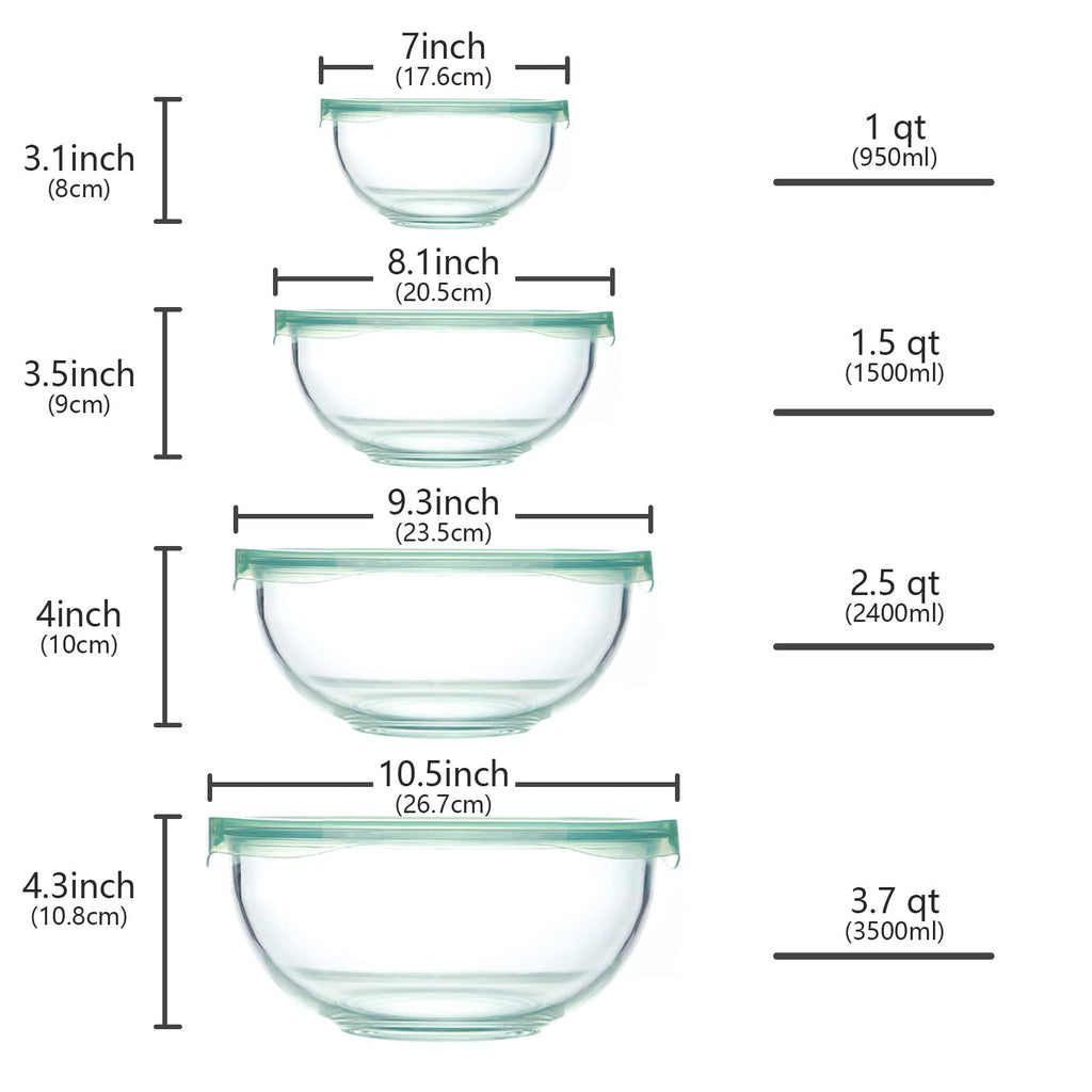 WhiteRhino Glass Mixing Bowl Set - 4 Piece Nesting Borosilicate Bowls