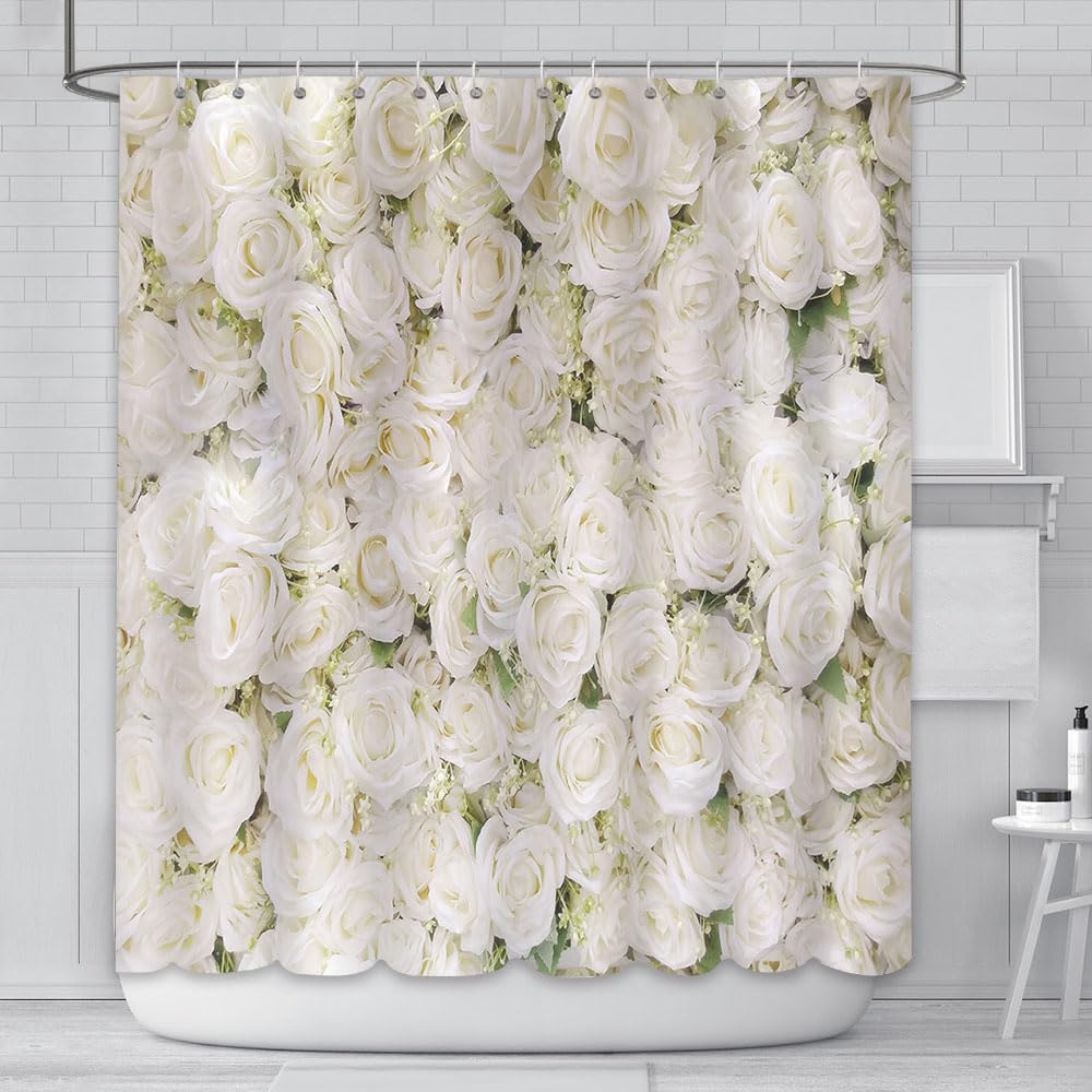 Jolof Store White Floral Shower Curtain | Waterproof Polyester with 12 Hooks