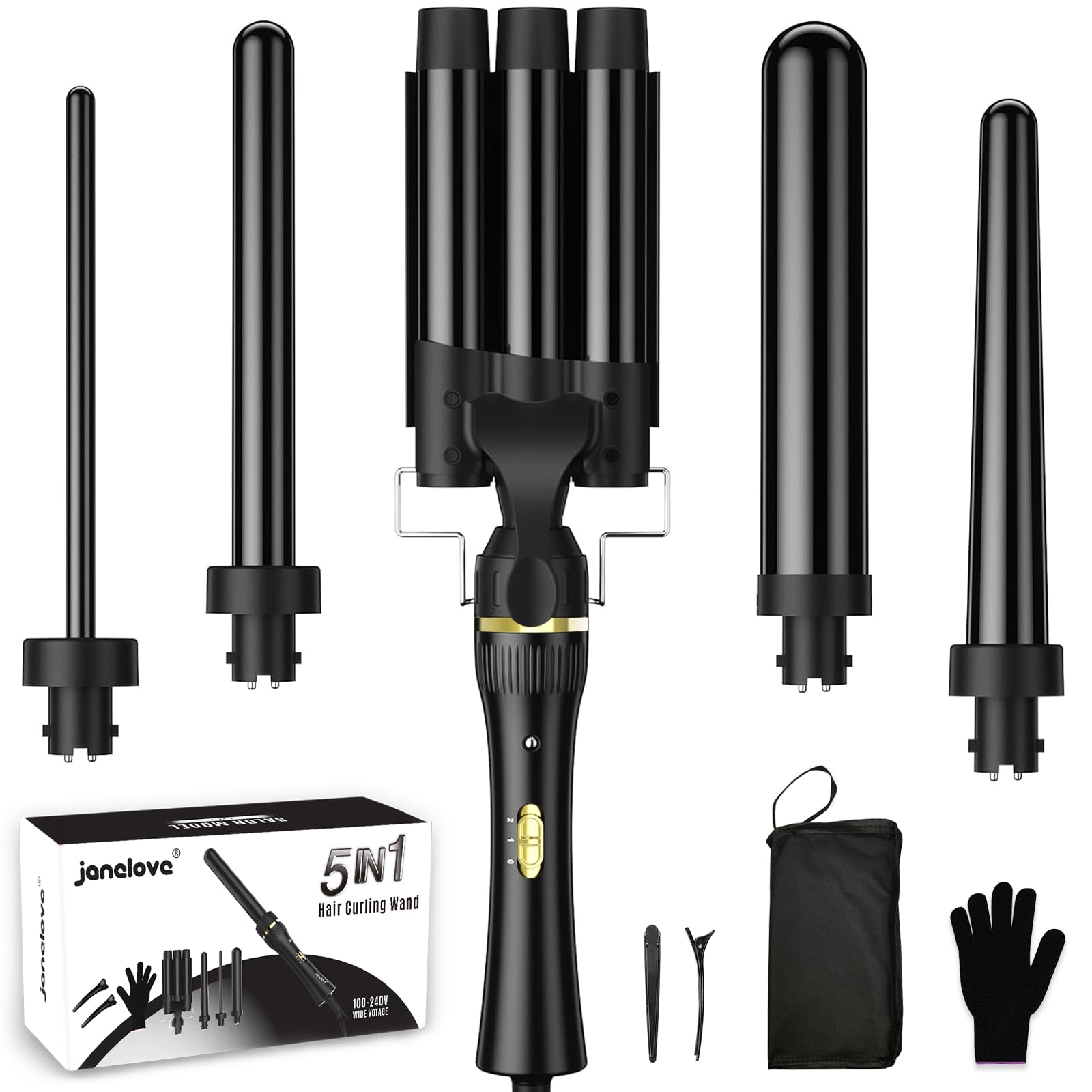janelove 5-in-1 Curling Wand Set | Ceramic Hair Waver & Curler Kit