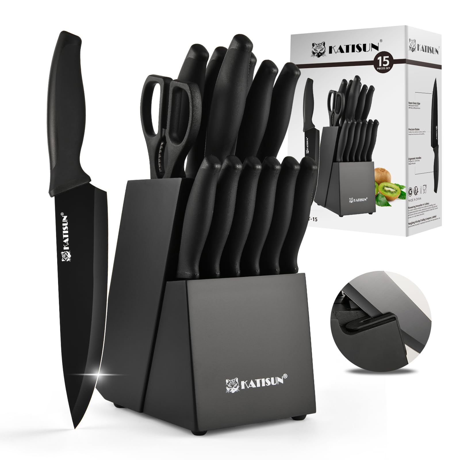 KATISUN 15-Piece Stainless Steel Knife Set with Self-Sharpening Block