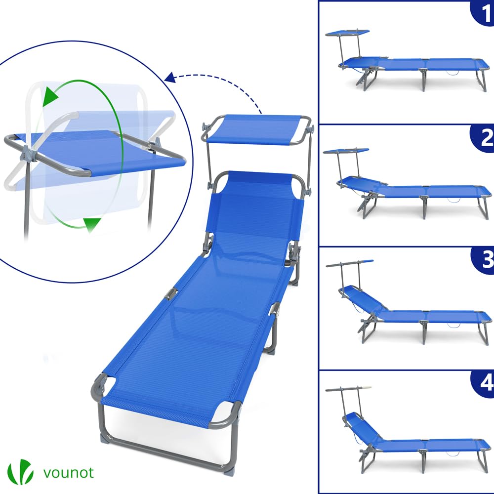 VOUNOT Folding Sun Loungers Set of 2 | Reclining Textilene Sunbeds - Blue