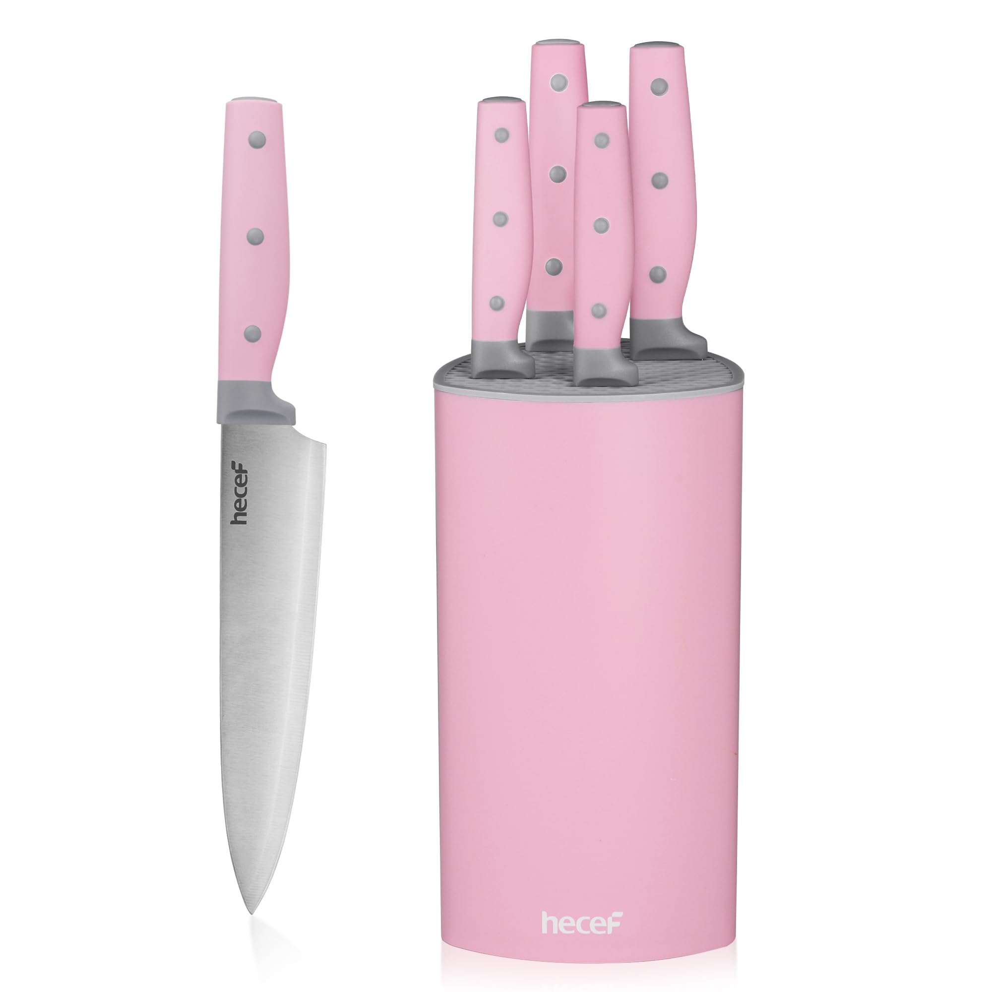hecef 6-Piece Stainless Steel Kitchen Knife Set with Block, Pink